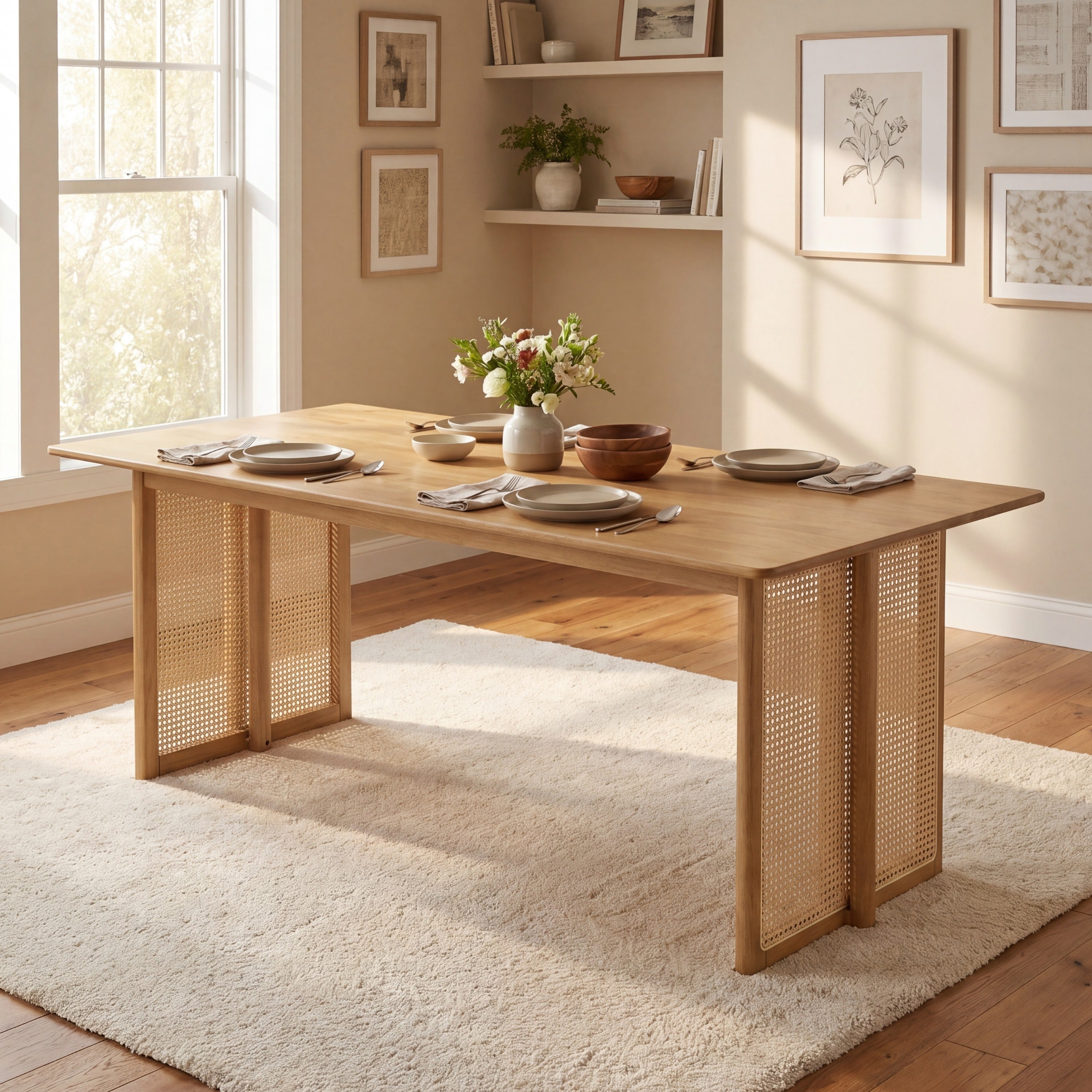 Natural solid wood dining table with cane legs set with plates and flowers in a sunlit dining room