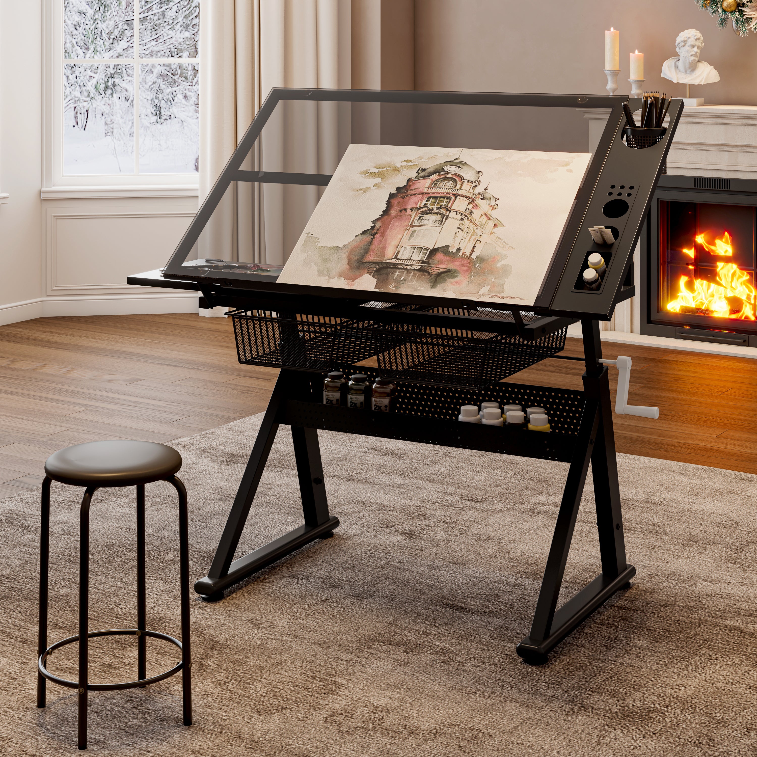 Glass Drafting Table, Black, 40.2 in Wide