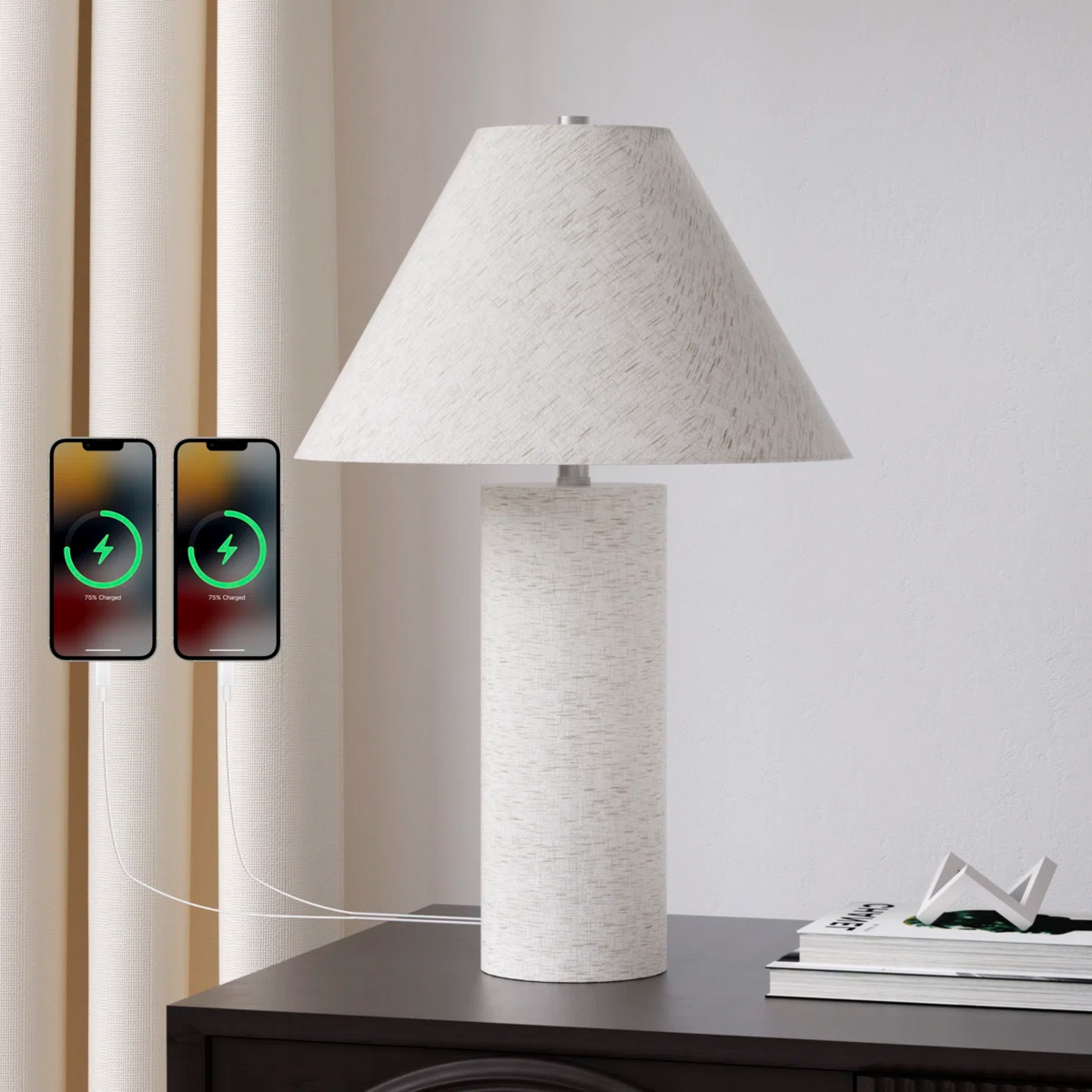 White Modern Table Lamp, 23 in, Resin with Linen Shade