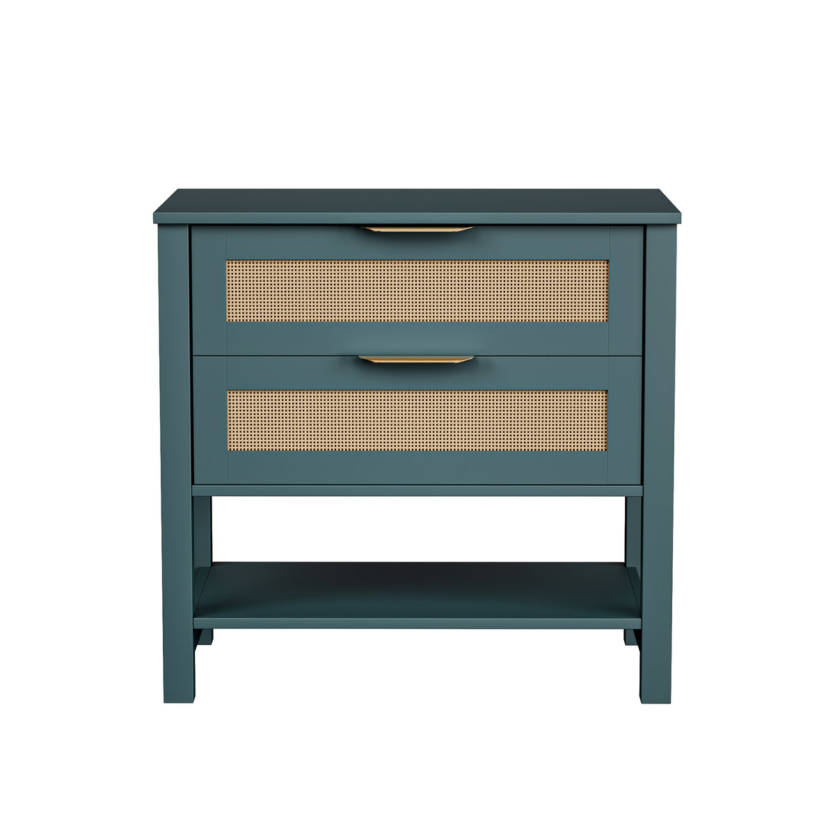 Green Rattan Nightstand, 2 Drawers and Storage Shelf