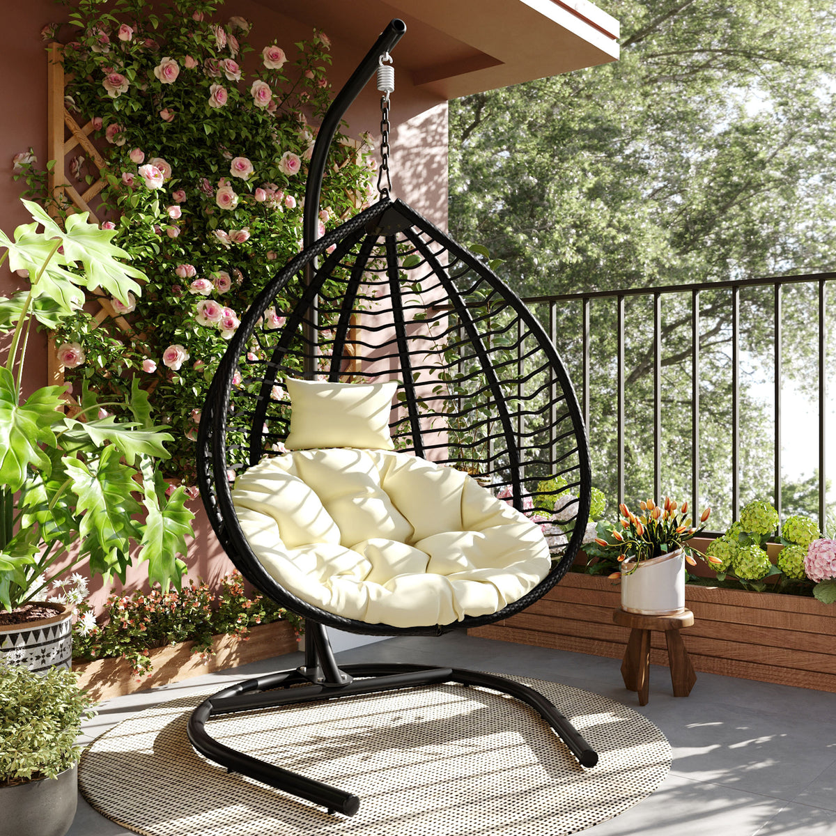 Wicker Folding Hanging Egg Chair with Stand, Black and Beige
