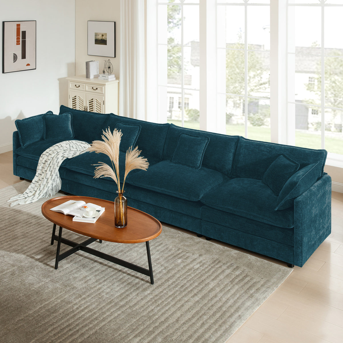 Blue Chenille Modular Sectional, 4-Seat