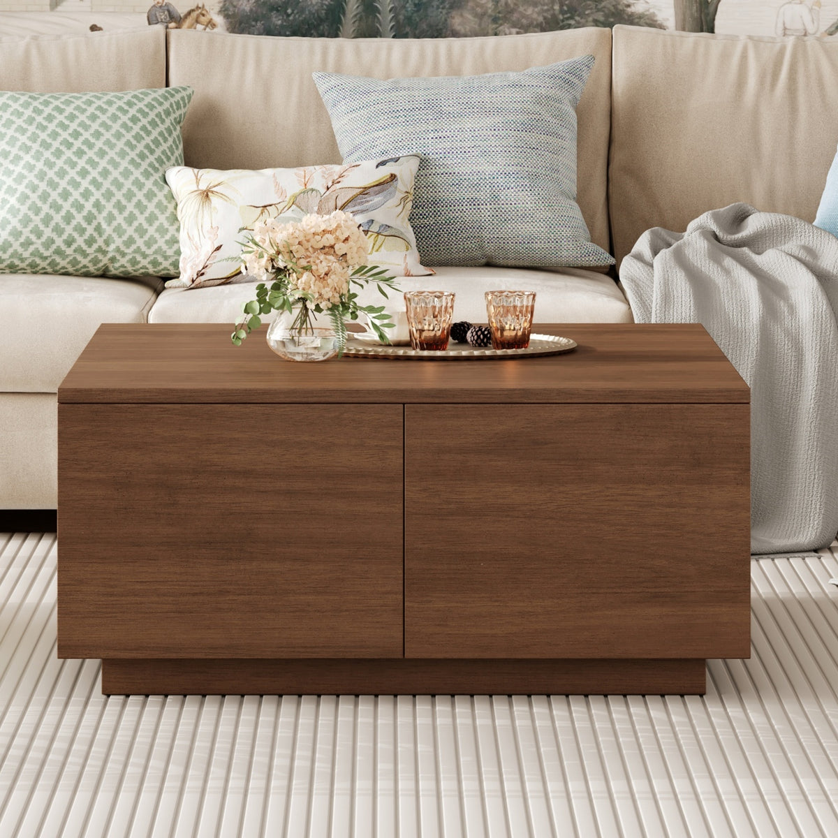 Walnut Minimalist Square Coffee Table with 4 Drawers, 33.3 in