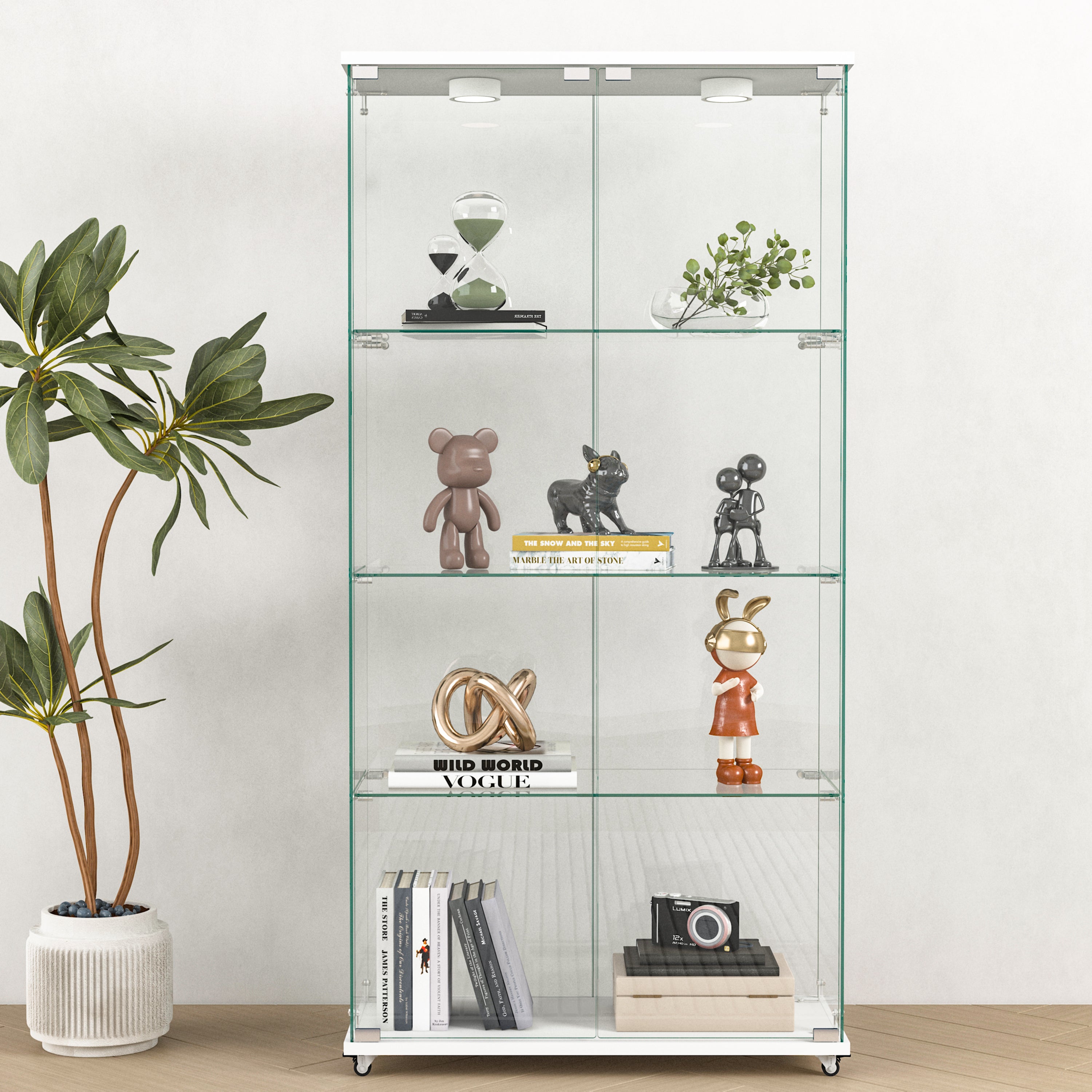 Modern Glass Bookcase, 2 Doors, LED Lighting, 64.3 in Tall, 32.1 in Wide