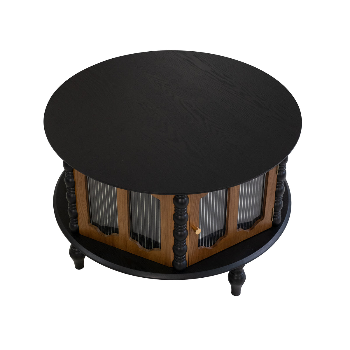 Black and Brown Round Spindle Coffee Table with Storage Doors, 31.5 in