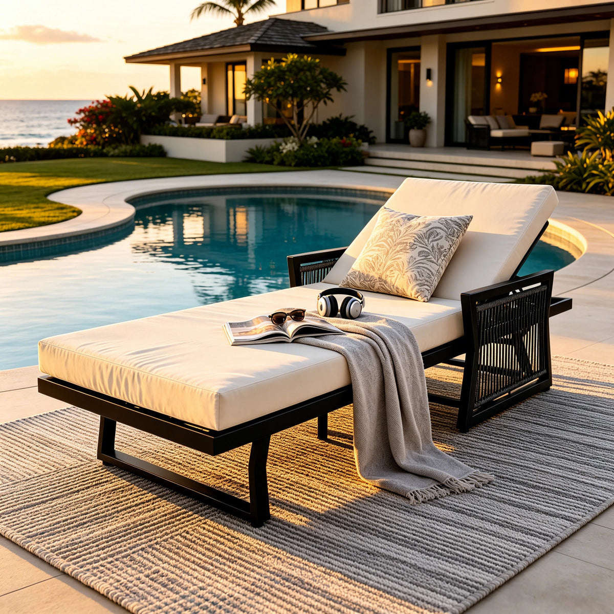 Black Adjustable Outdoor Chaise Lounge, Cream Cushion