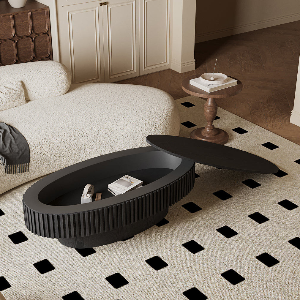 Black Fluted Oval Coffee Table with Storage, 47.2 in