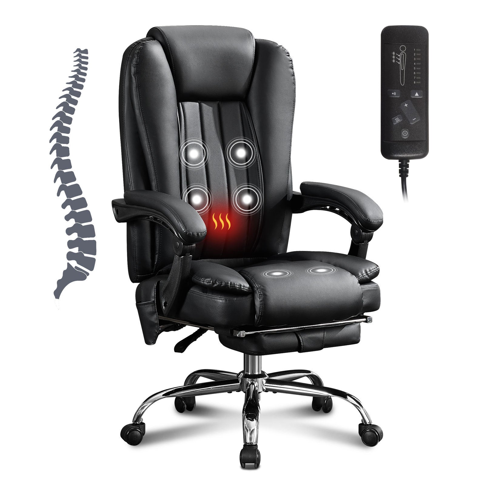 Black Vegan Leather Office Chair, Massage, Reclining, 400 lb