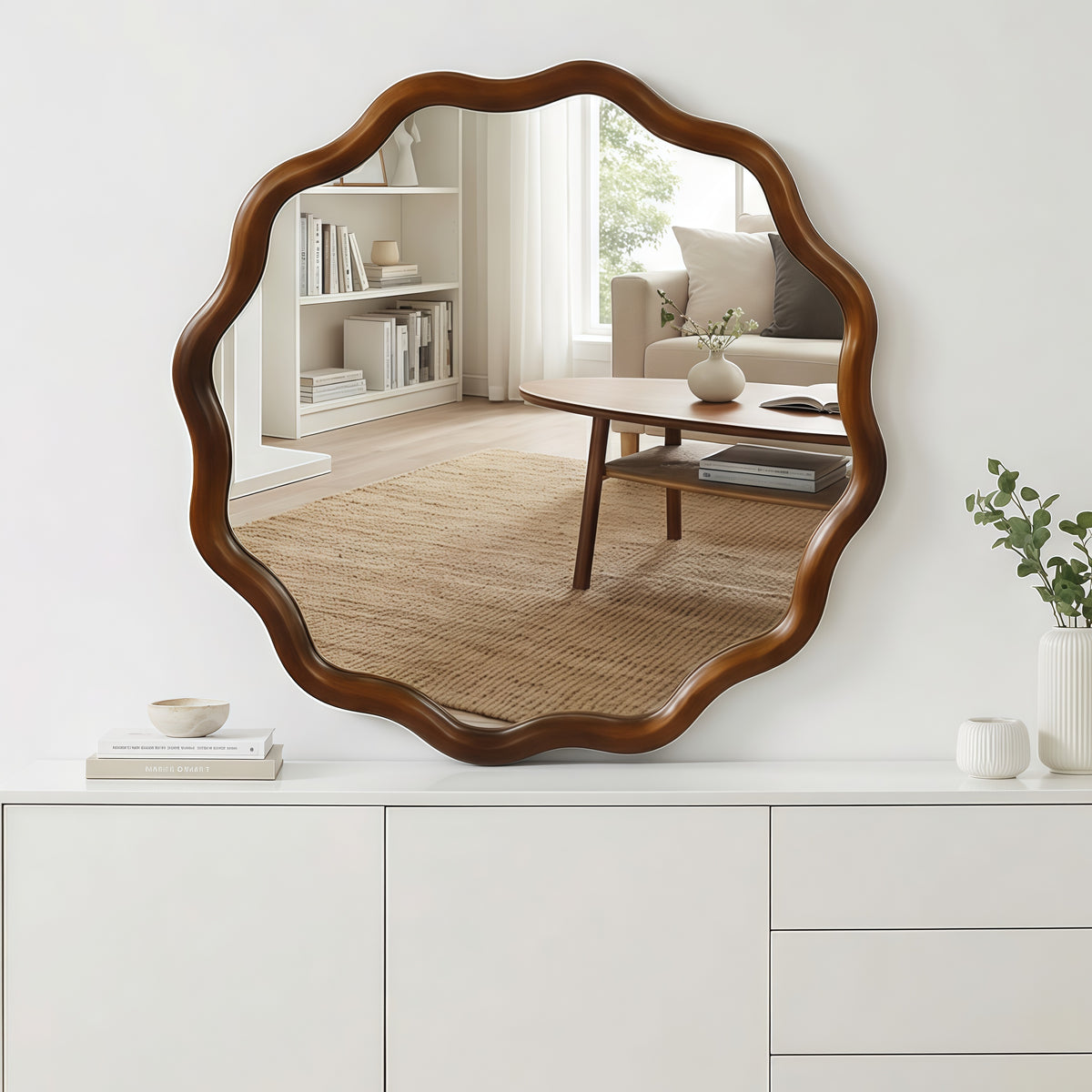 30 Inch Wavy Mirror, Black Walnut Solid Wood Frame