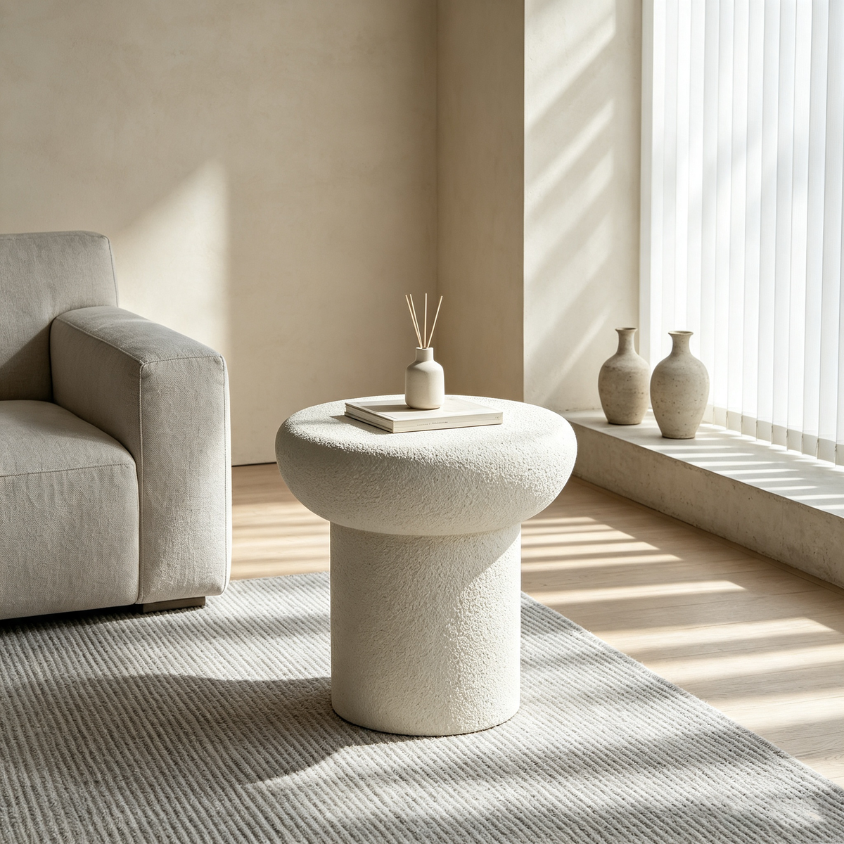 White Fiberglass Stone-Look Round Mushroom Side Table