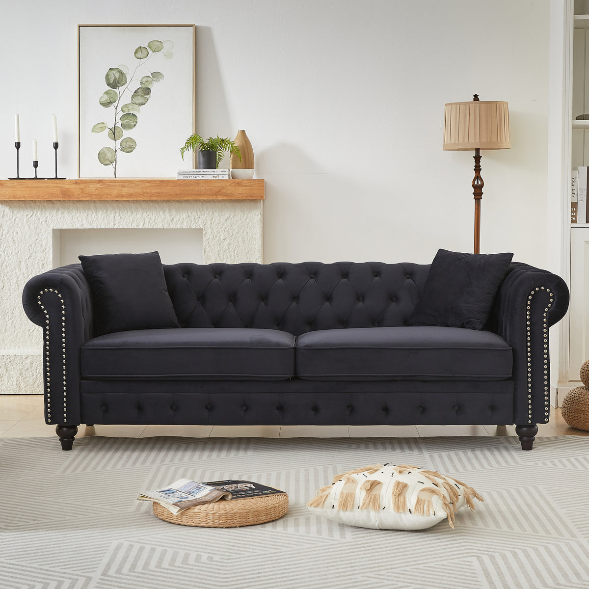 Black Velvet 3-Seat Tufted Chesterfield Sofa, 85.5 in Wide