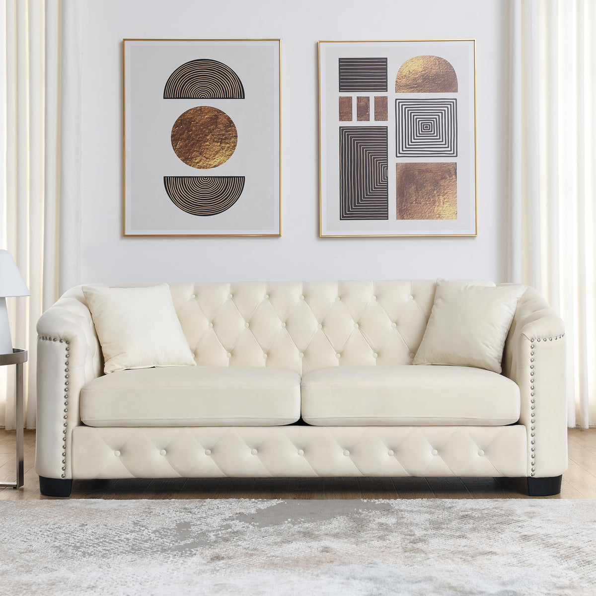 Beige Velvet 3-Seat Tufted Chesterfield Sofa, 77 in Wide