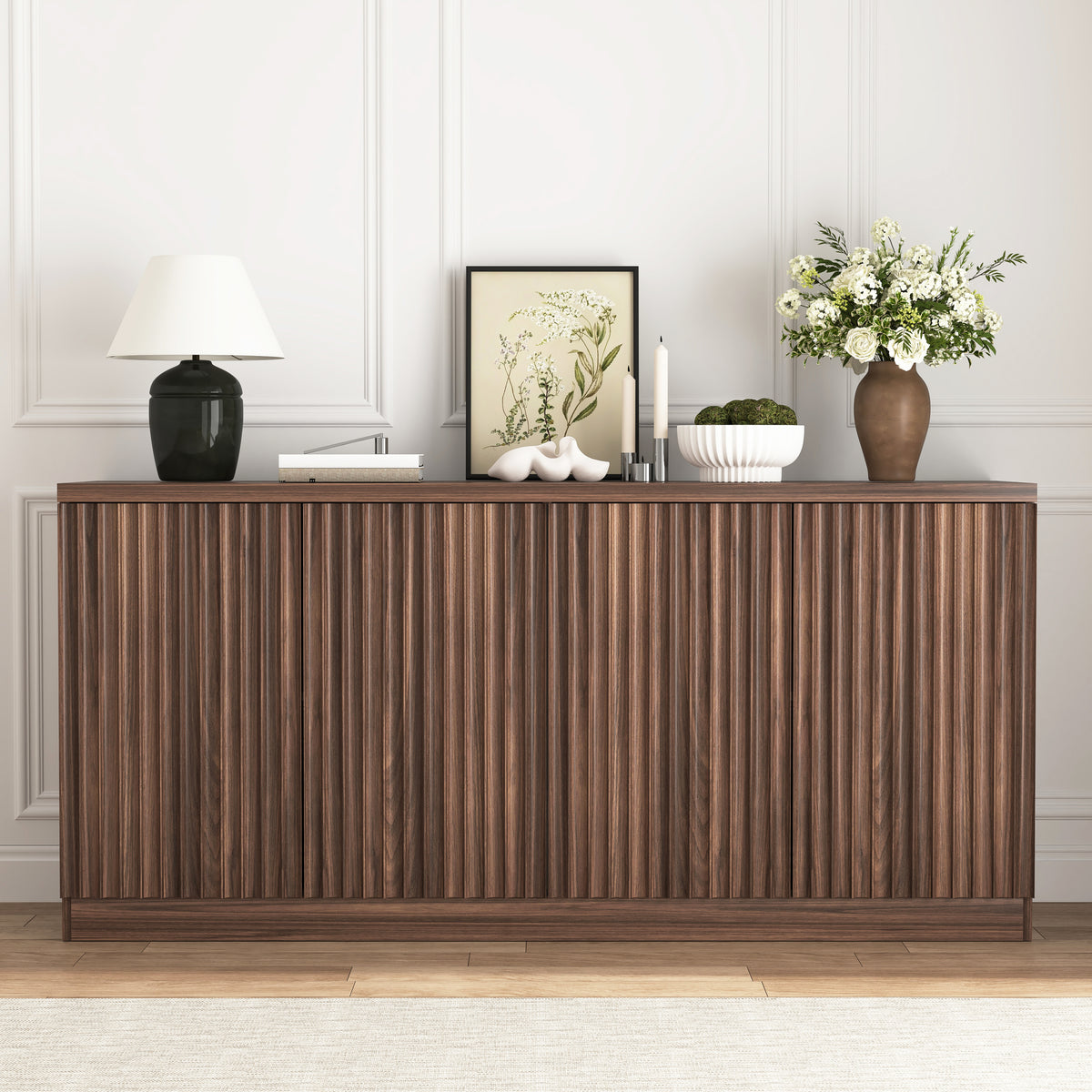Walnut Fluted Sideboard Buffet Cabinet, 62 in, 4 Doors & Shelves