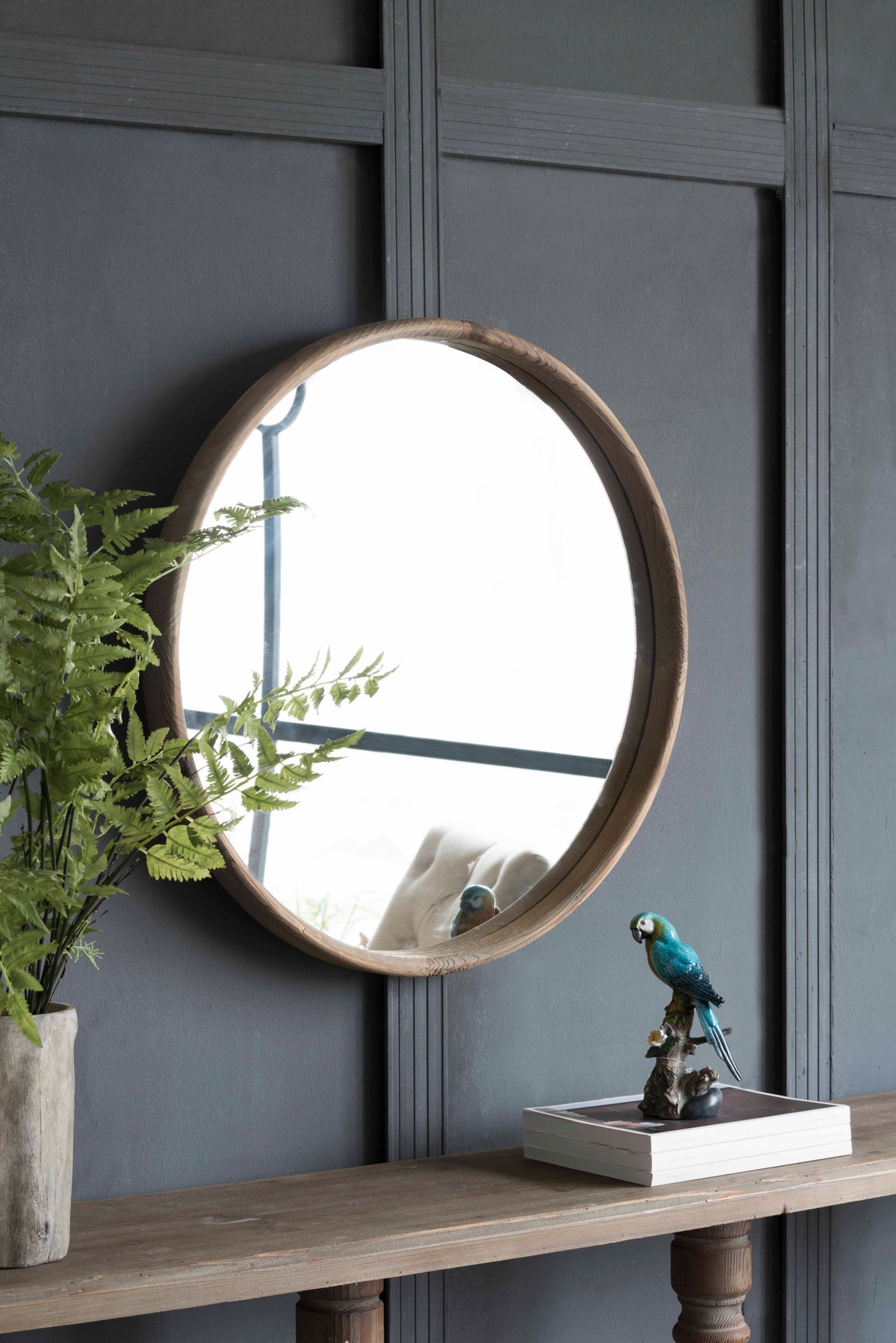Round Wood Mirror, 27.5 Inch Wall Mounted, Brown