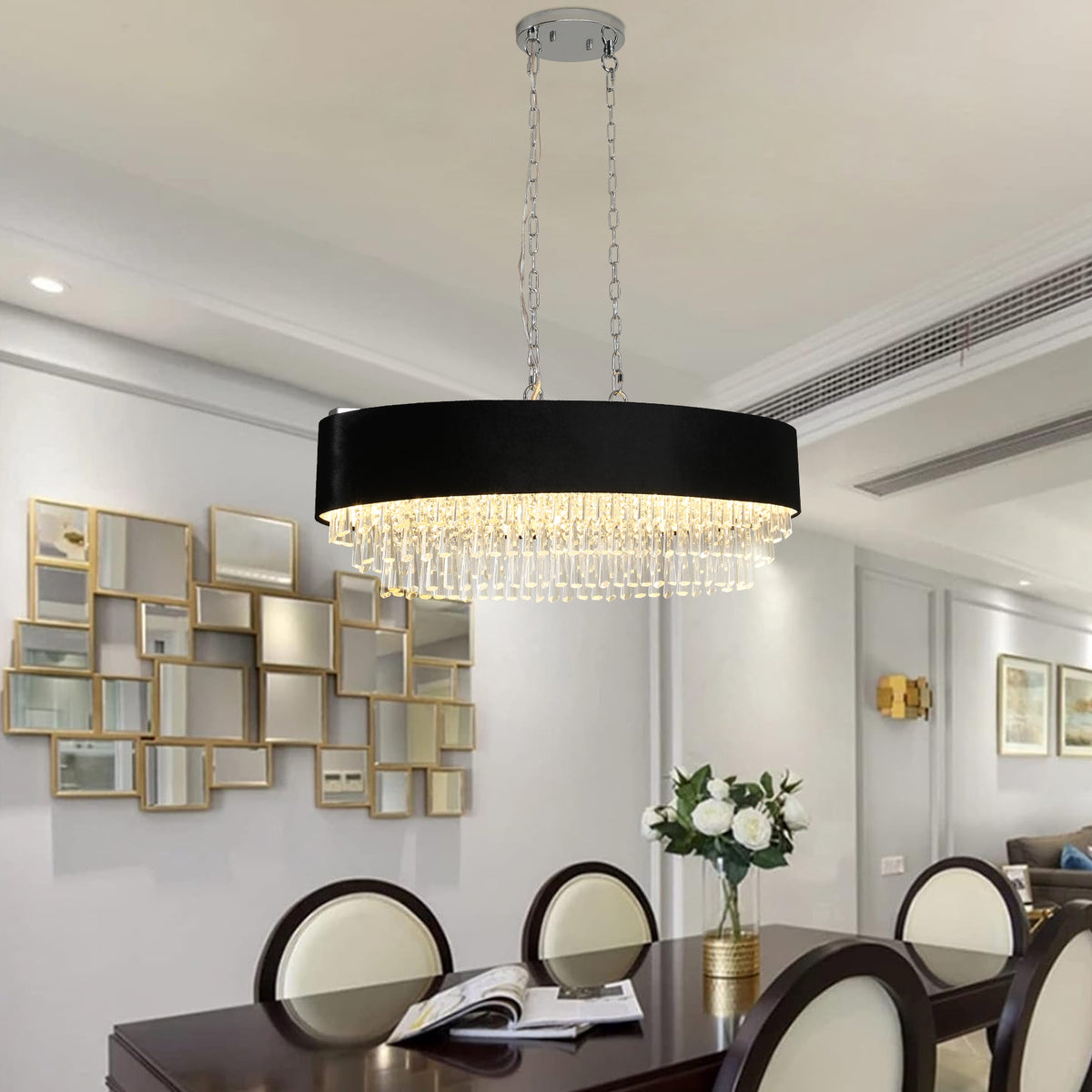 Chandelier, Linear Crystal, 8-Light Dimmable, Black Chrome