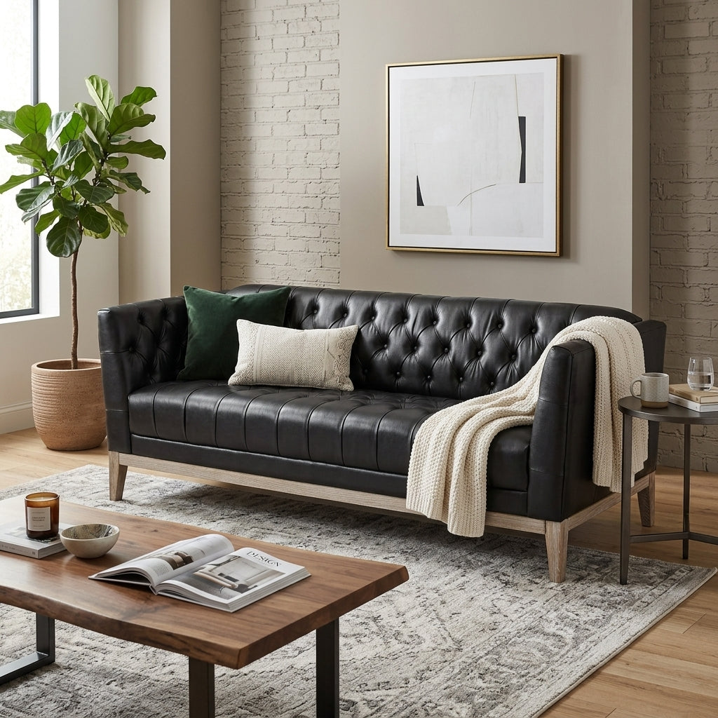 Black Vegan Leather 3-Seat Tufted Chesterfield Sofa, 79.1 in Wide