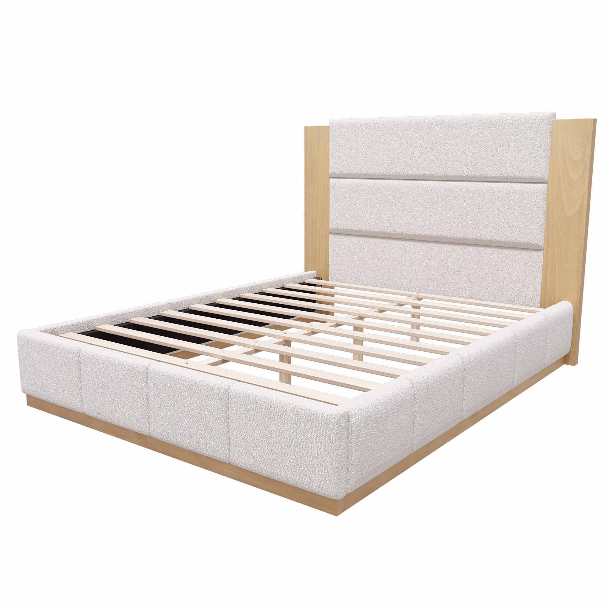 Angled white boucle upholstered queen bed frame, light oak extended headboard and block-tufted padded rails #Color_White Boucle