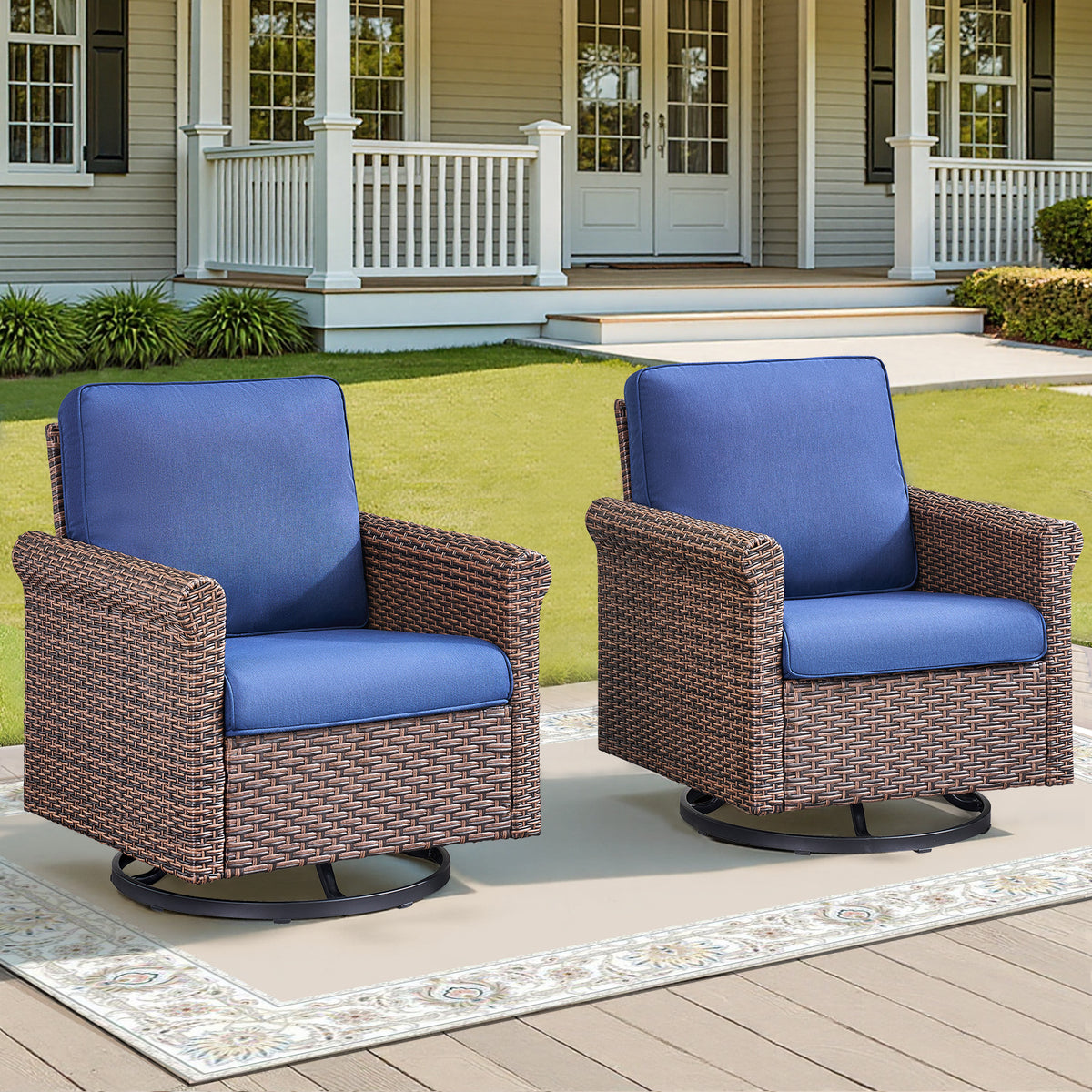 Brown Wicker Patio Glider Chair, Blue Cushions, Set of 2, 29.9 in Deep