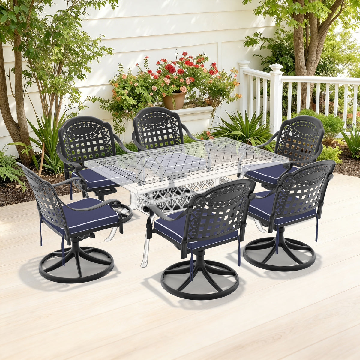 Black Aluminum Outdoor Swivel Chair with Blue Cushions, Set of 6