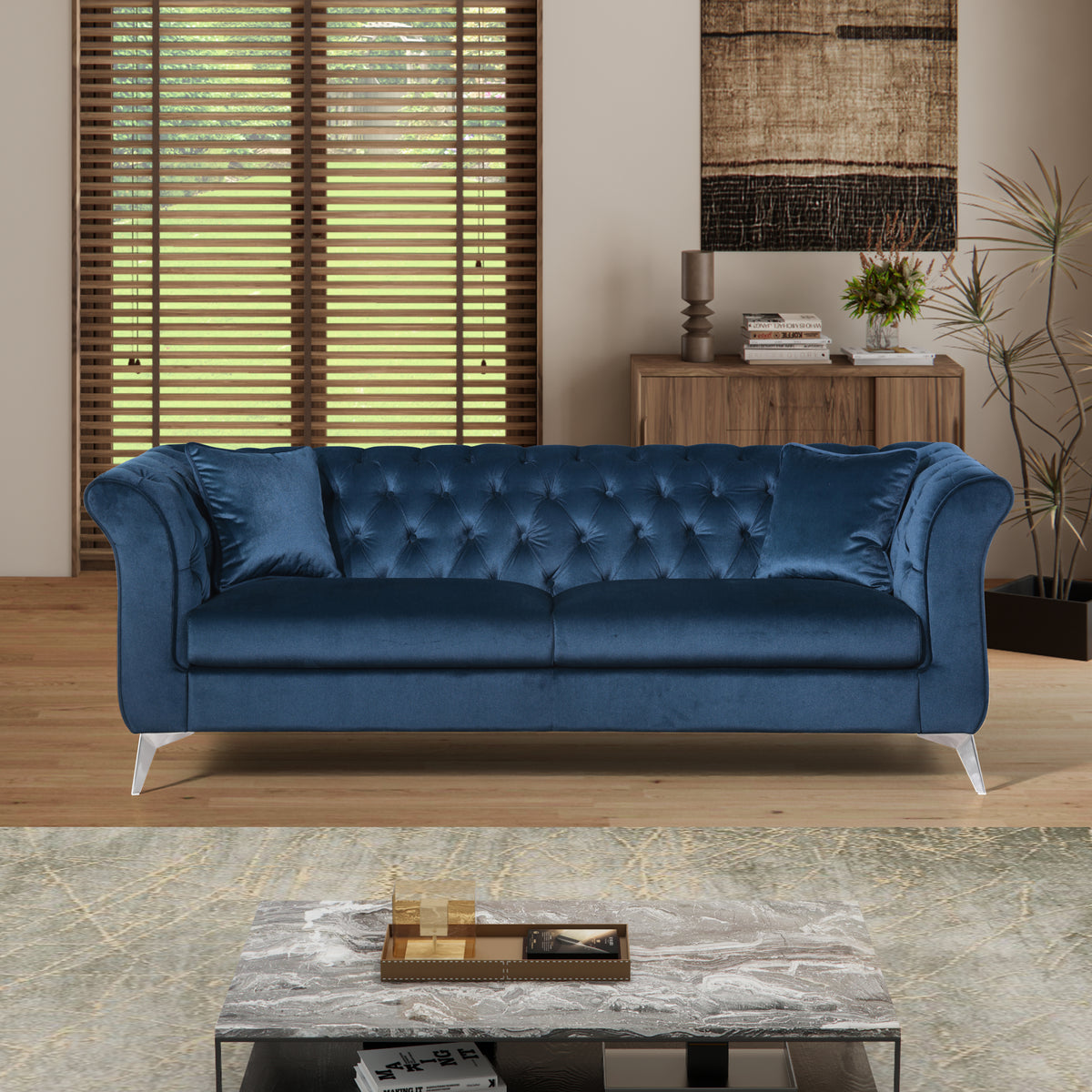 Teal Velvet 3-Seat Tufted Chesterfield Sofa, 87.4 in Wide