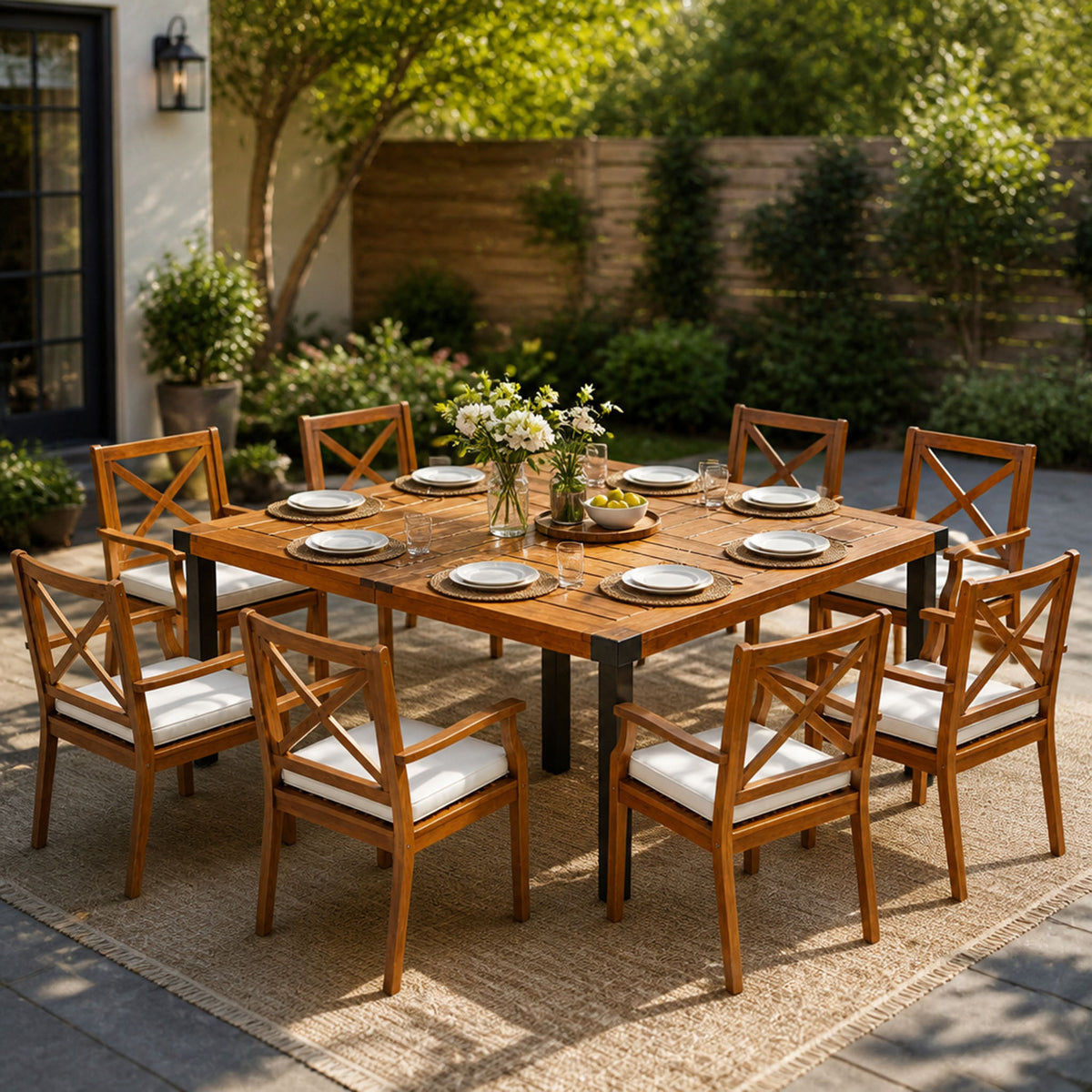 Teak Finish Solid Wood 9-Piece Patio Dining Set for 8 with Cream Cushions
