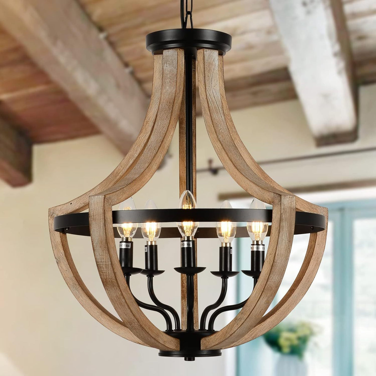 Wood Farmhouse 5-Light Chandelier, 17 in, Wood and Metal