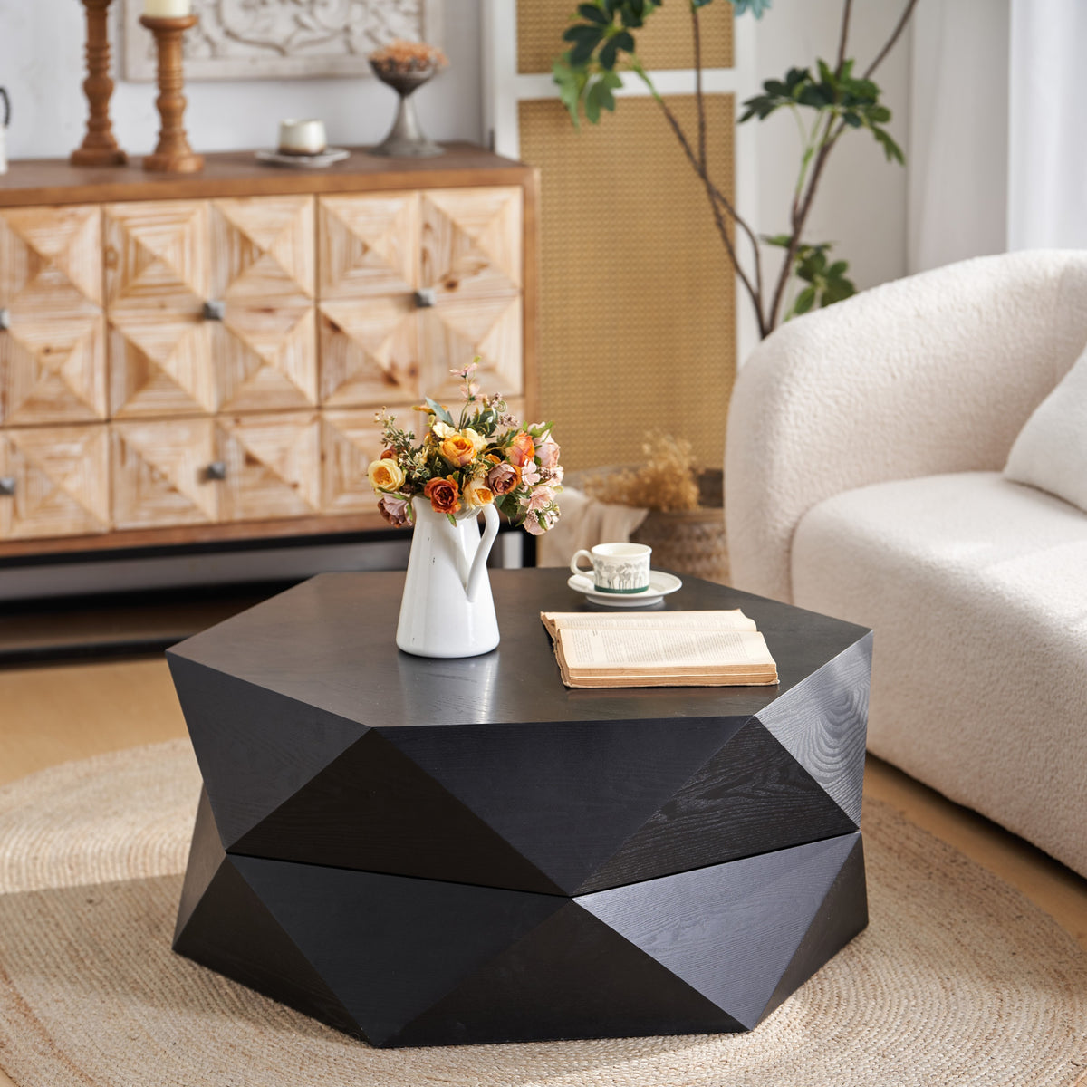 Black Geometric Hexagon Coffee Table with Flip-Top Storage, 36.6 in