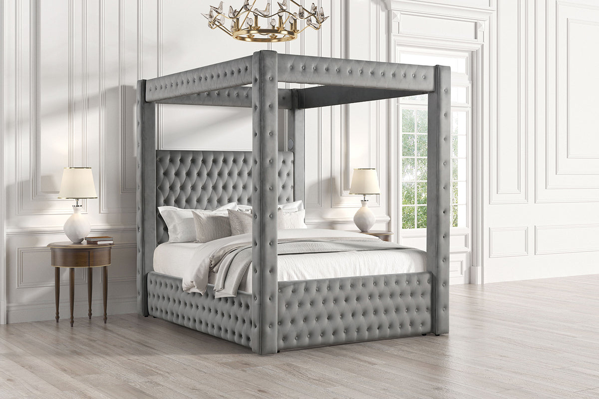 King Size Poster Bed Frame, Gray Upholstered, USB-A Charging