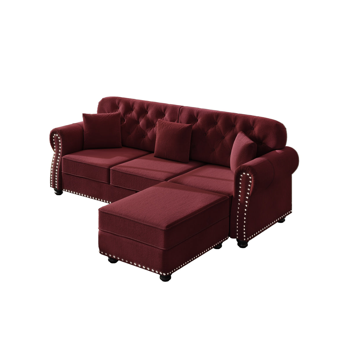 Burgundy Velvet 4-Seat Tufted Chesterfield Sofa with Ottoman