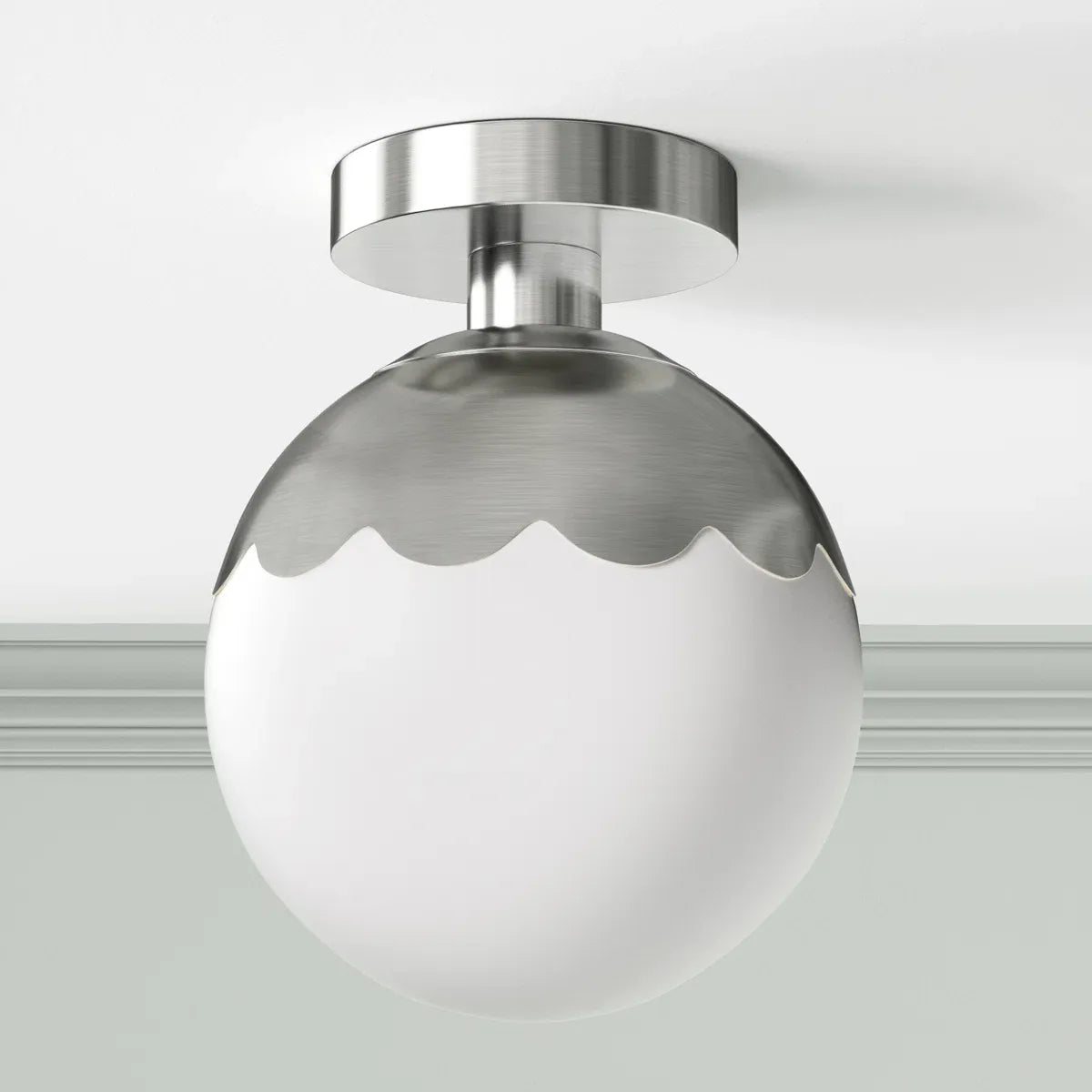 Semi Flush Mount Light, Glass Globe Shade, Dusk-to-Dawn, Nickel