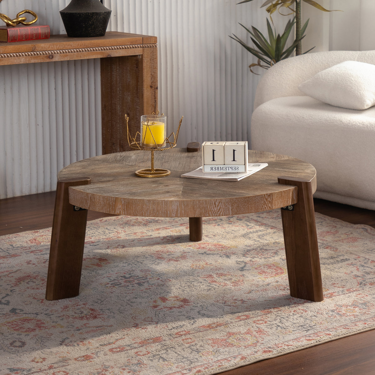Brown Rustic Herringbone Round Coffee Table, 36.6 in