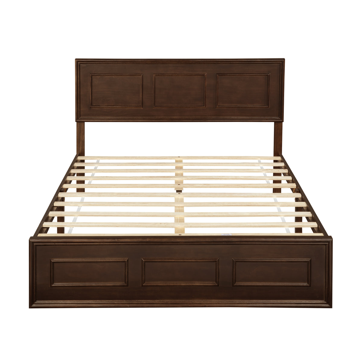 Studio front view of rich brown queen panel bed with exposed wood slats