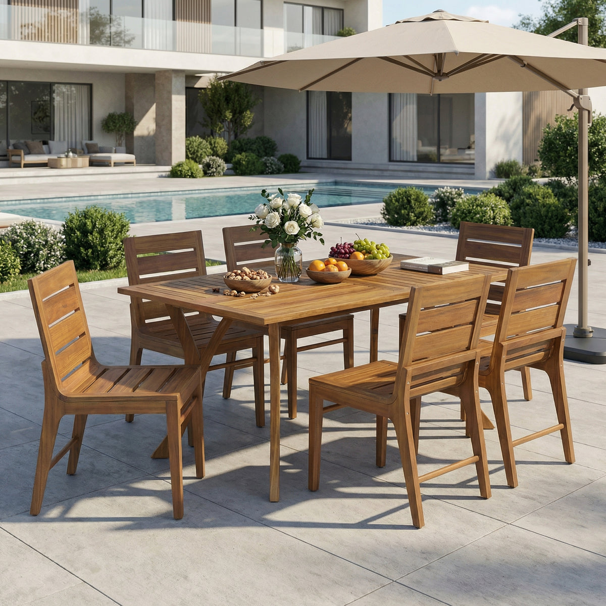 Teak Finish Solid Wood 7-Piece Patio Dining Set for 6, Slatted