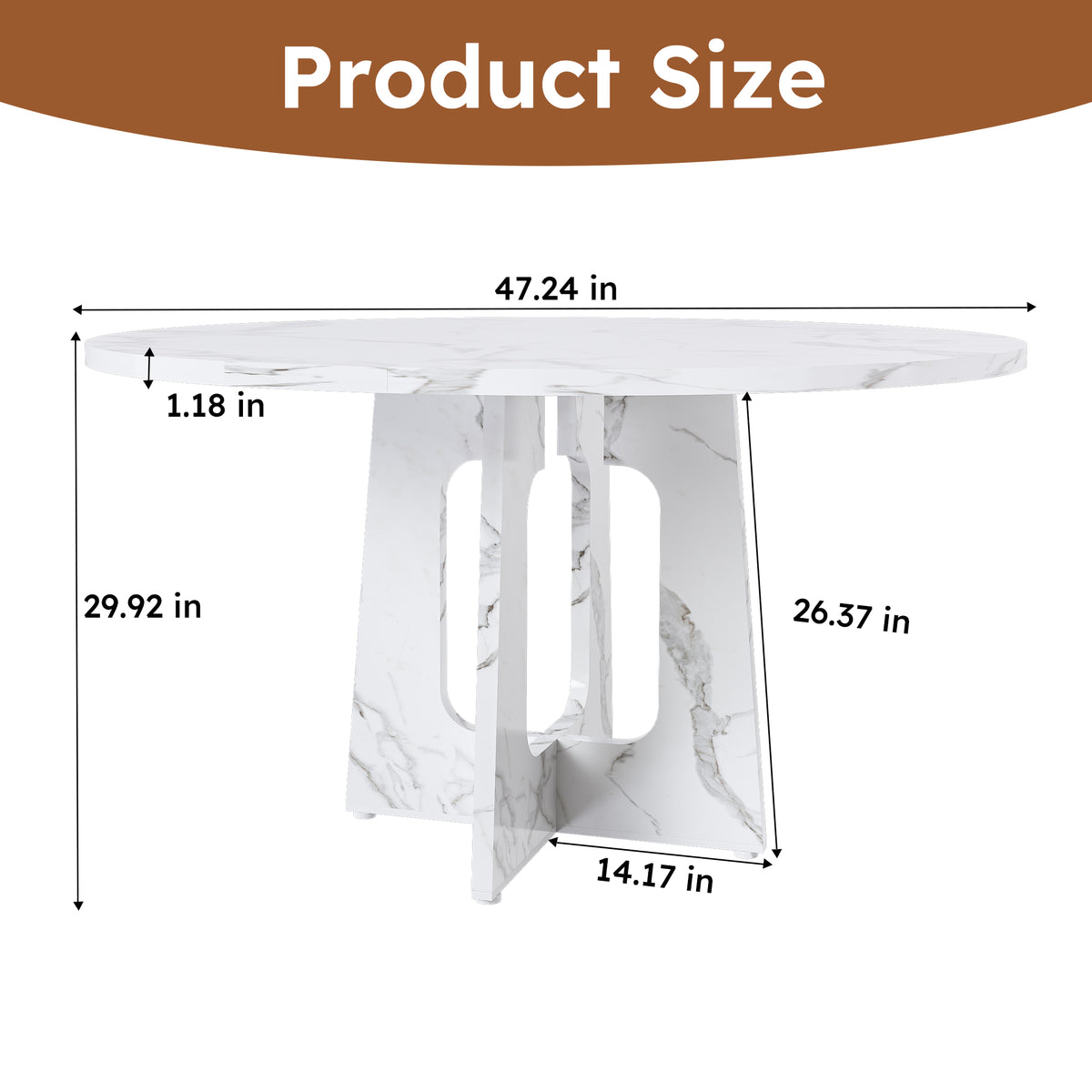 Dimension diagram of the round faux marble table: 47.24 inch top, 29.92 inch height, 1.18 inch thickness