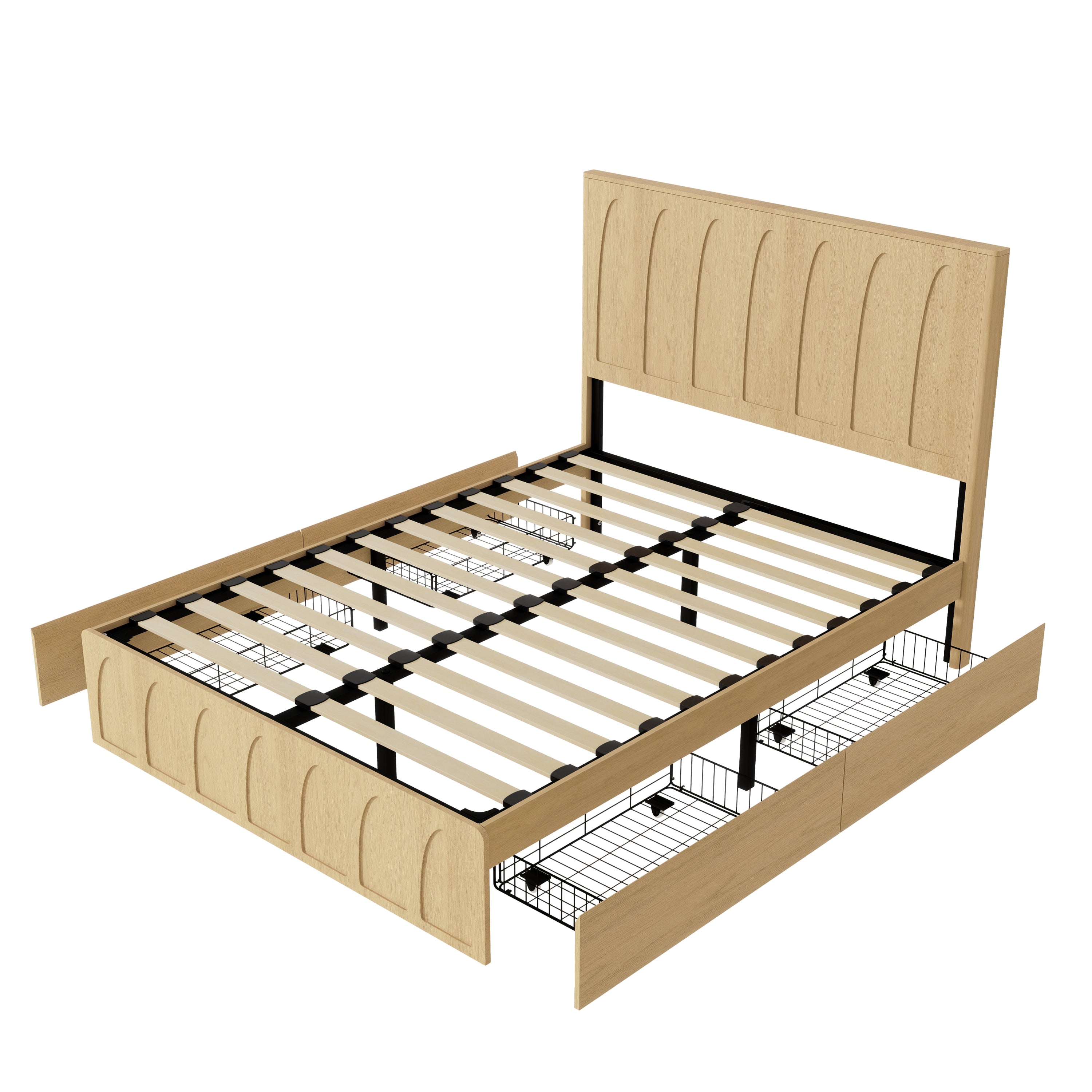Oak queen bed frame with side drawers slid out on wire baskets over a black metal frame #Color_Oak