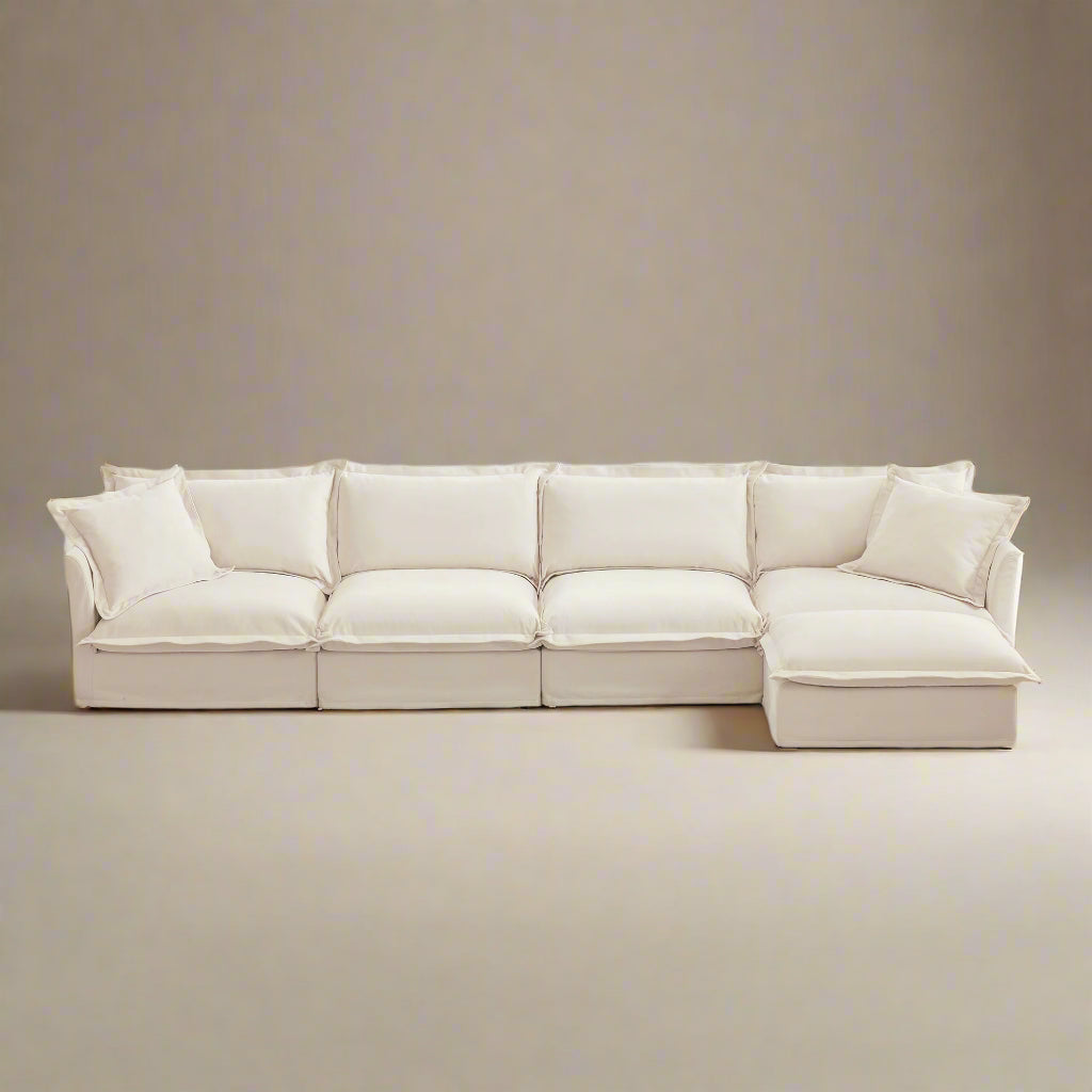 Fluffy 4-Seat Modular Sofa in Chenille Cream with 1 ottoman #OttOnly_1 #Fabric_Chenille Cream