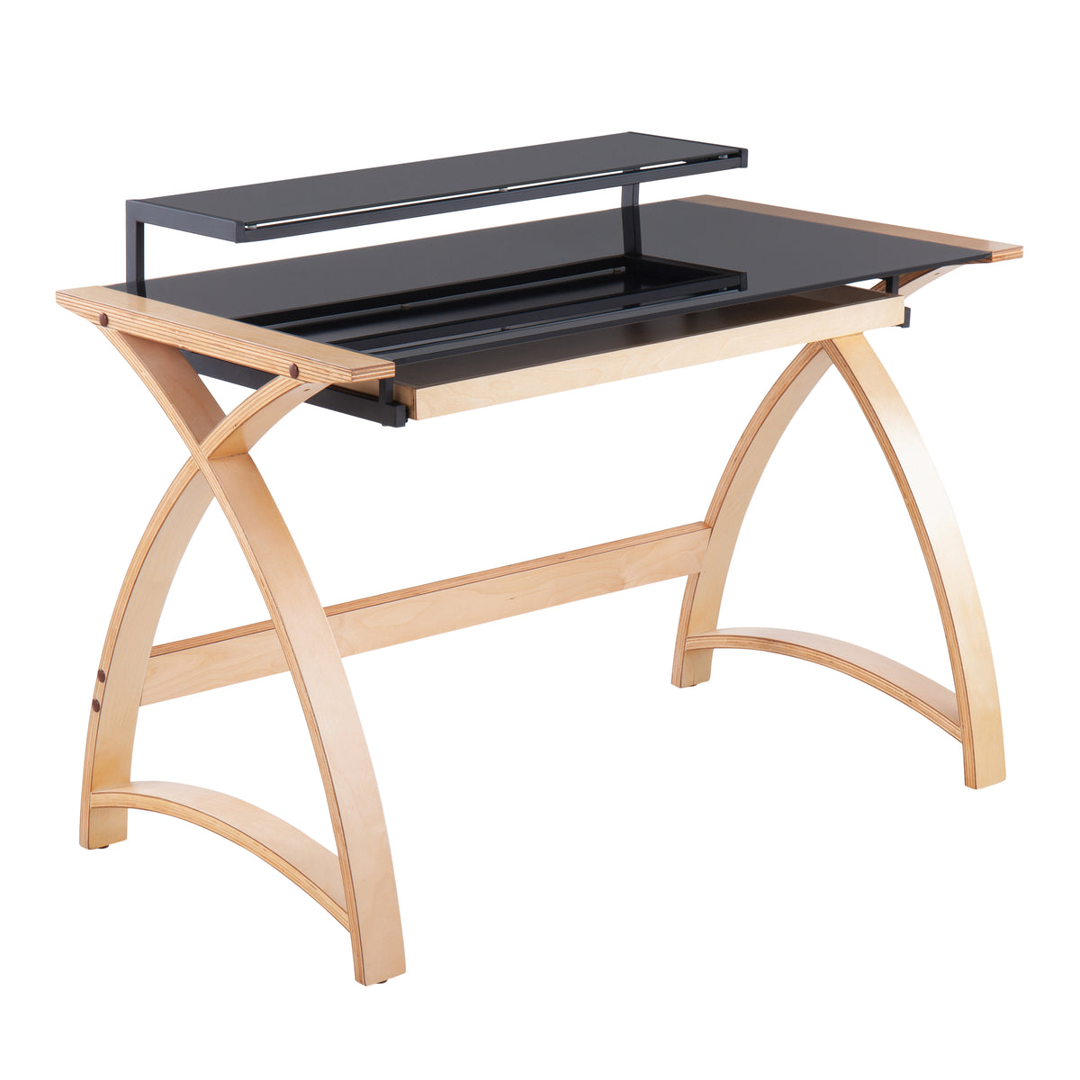 Mid-Century Glass Computer Desk with Hutch, 43 in, Natural