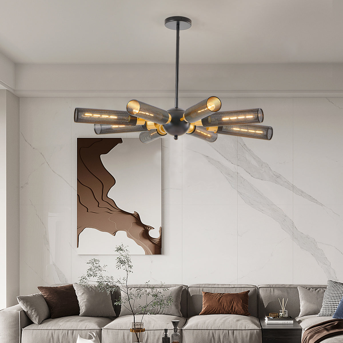Black Sputnik 8-Light Chandelier, 34 in, Metal Mesh Shade