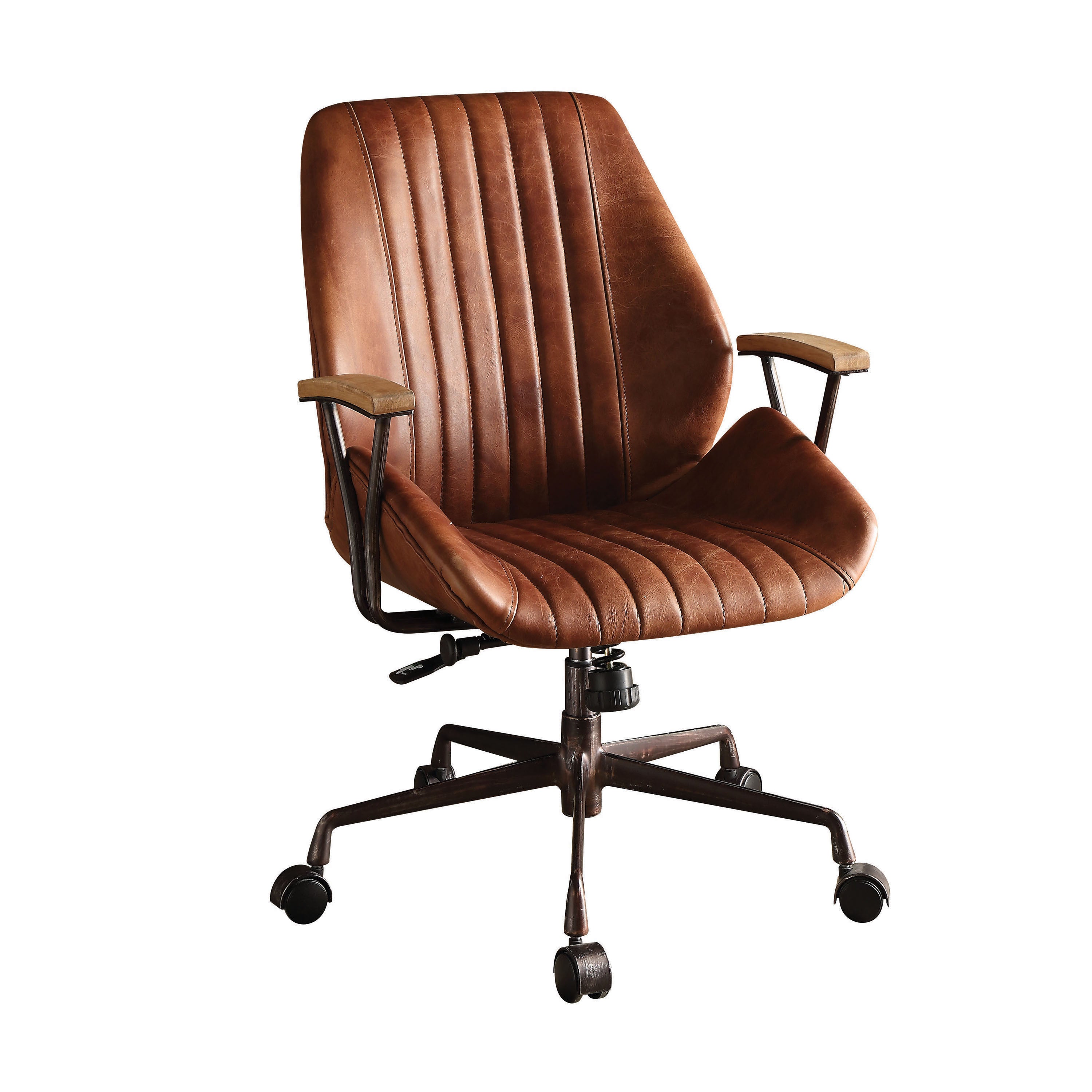 Coffee Top Grain Leather Office Chair, Height Adjustable, 220 lb, 41 in Tall