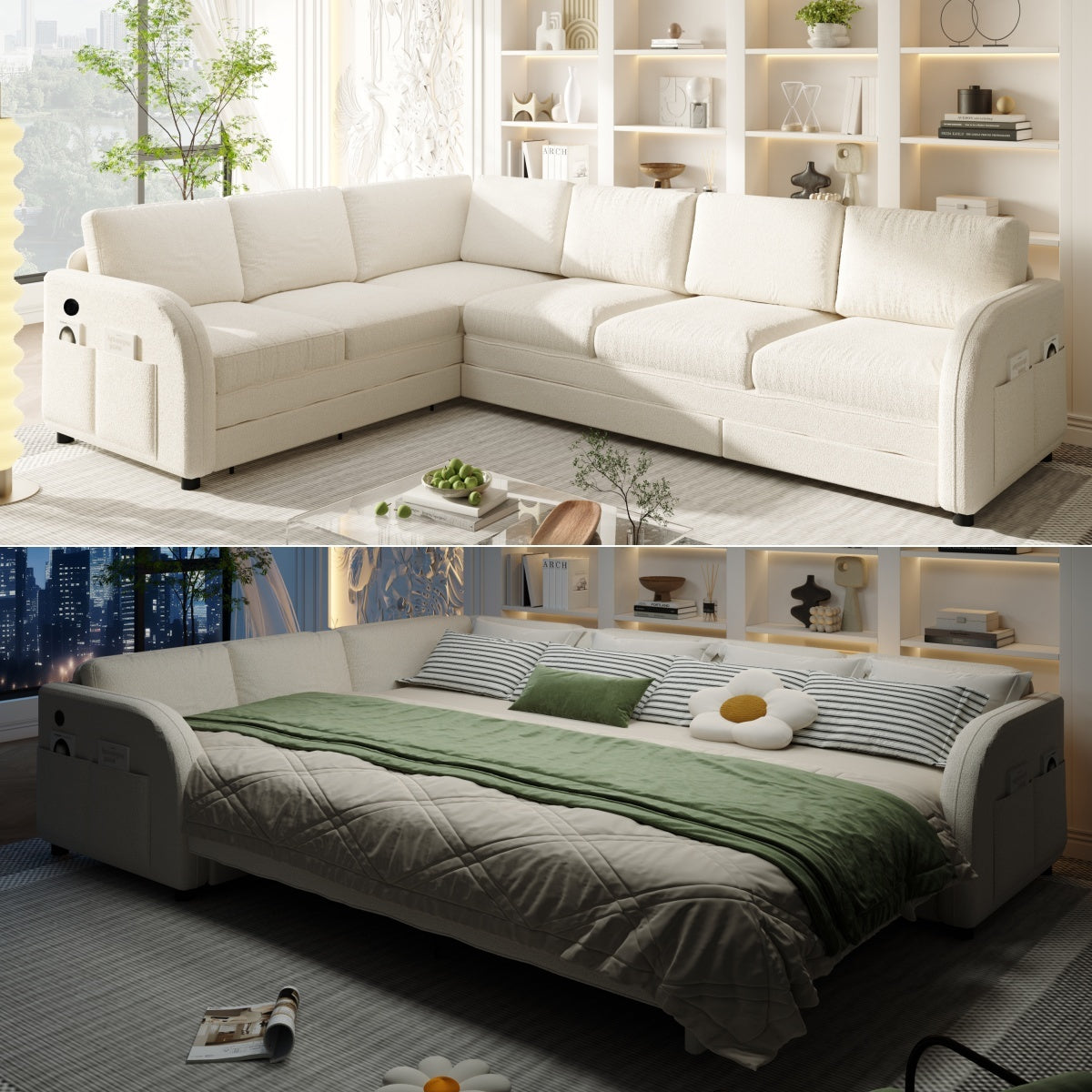 Beige Sherpa L-Shaped Sleeper Sectional, USB Charging, 115.2 in Wide
