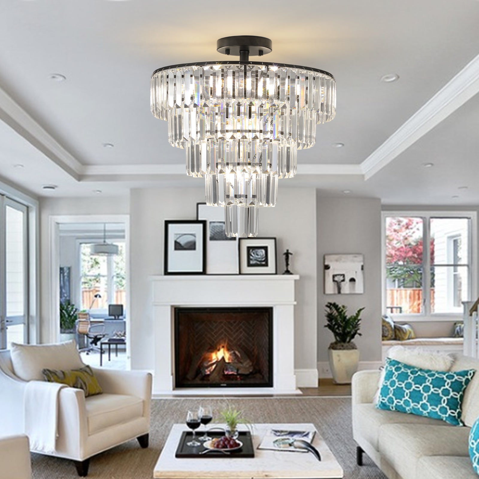 Chandelier with 10 Lights, Crystal Shades, Black
