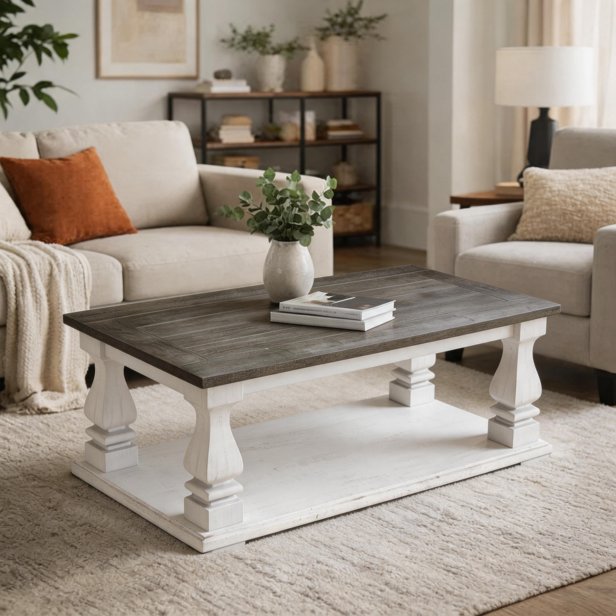 Gray and White Farmhouse Baluster-Leg Coffee Table with Shelf, 47.2 in