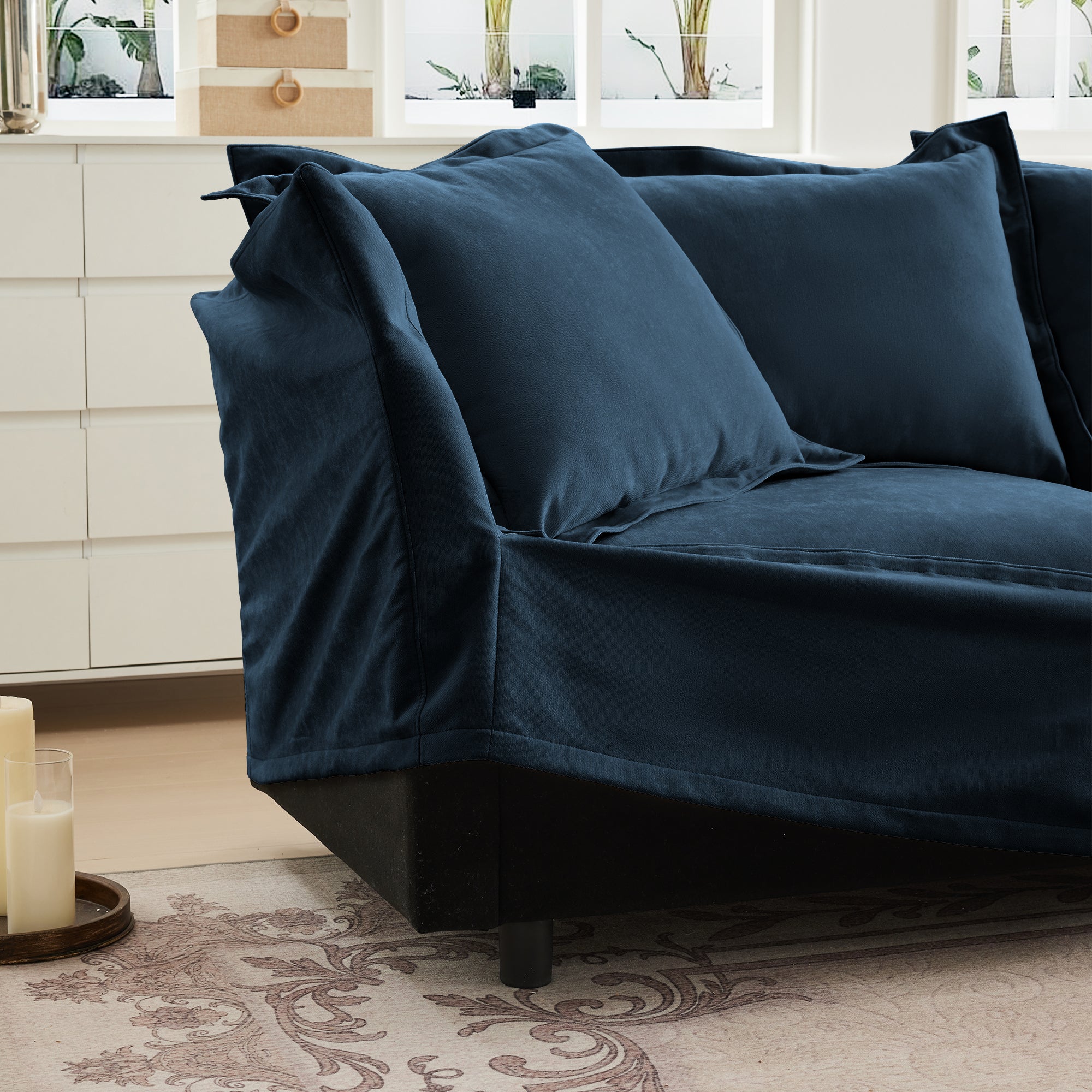 Fluffy Ottoman in Chenille Navy #Fabric_Chenille Navy