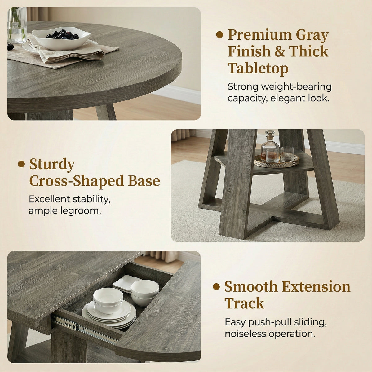 Feature graphic with close-ups of the gray thick tabletop, cross base and extension track