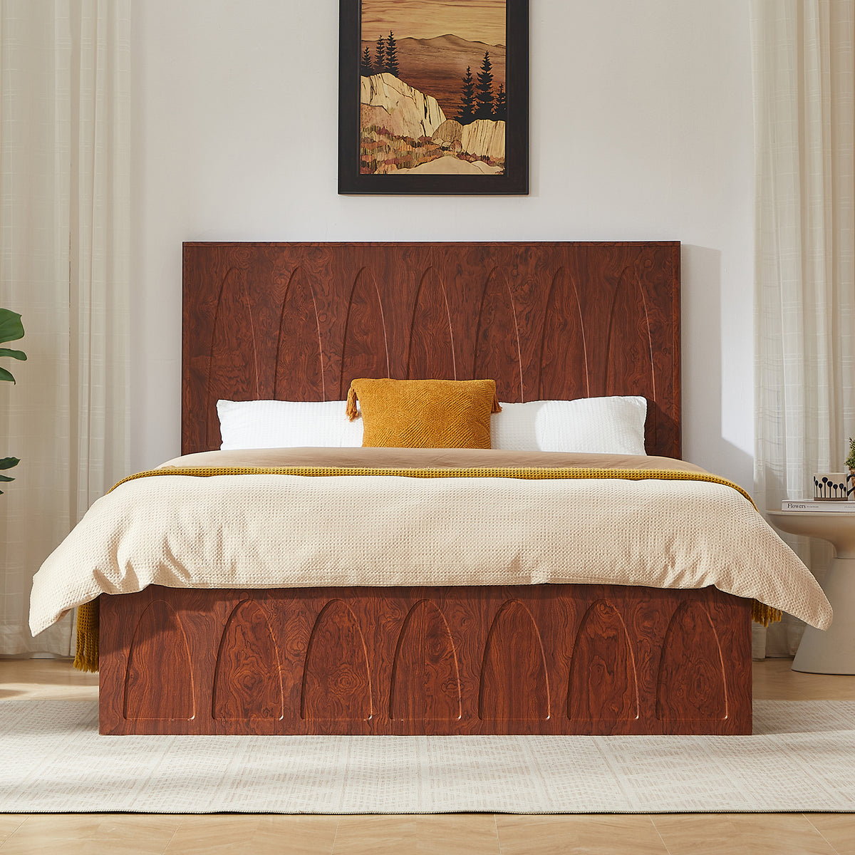 Front view of dark reddish-brown wood queen platform bed, arched headboard and footboard, styled bedroom