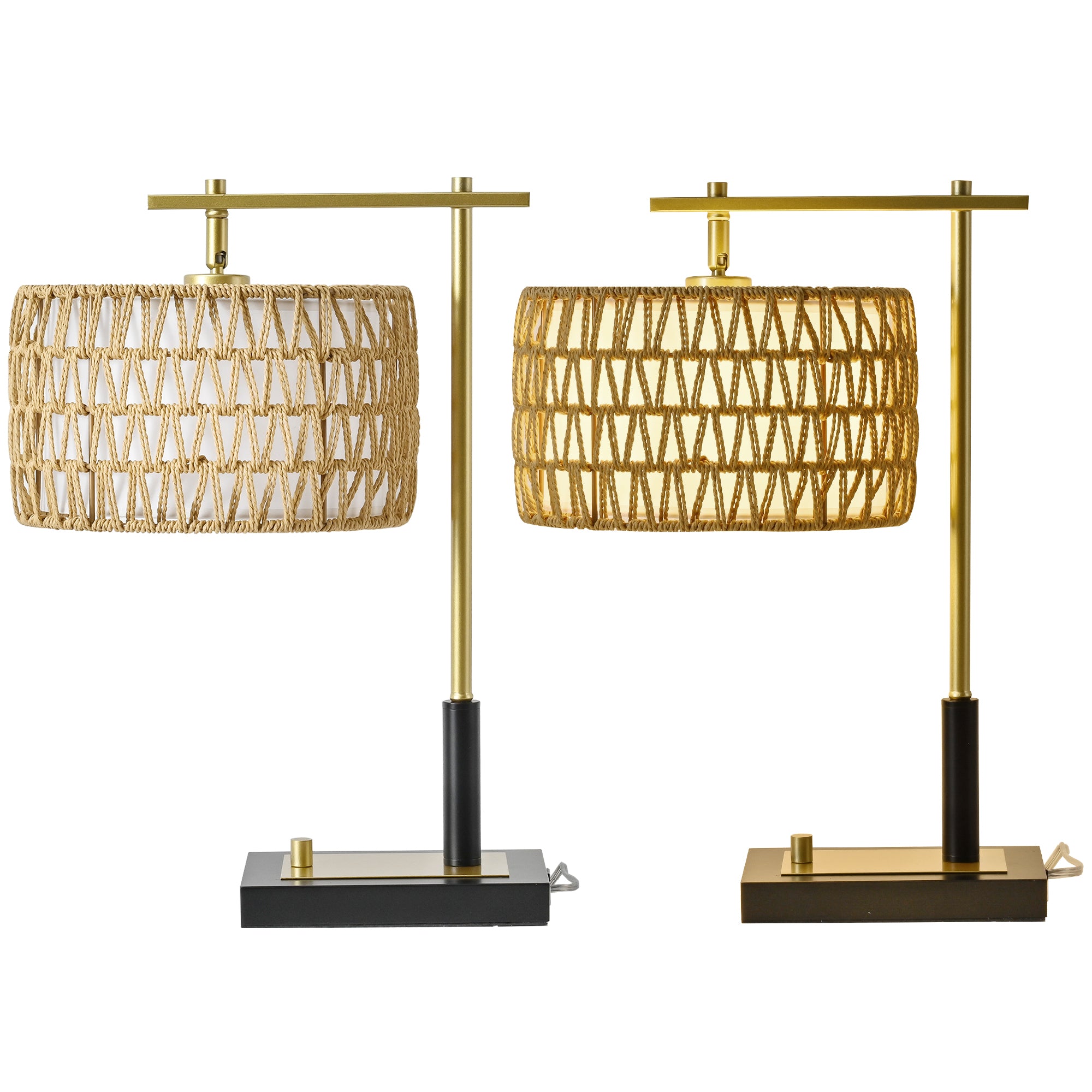Yellow Table Lamp, 15 in, Fabric and Woven Rope
