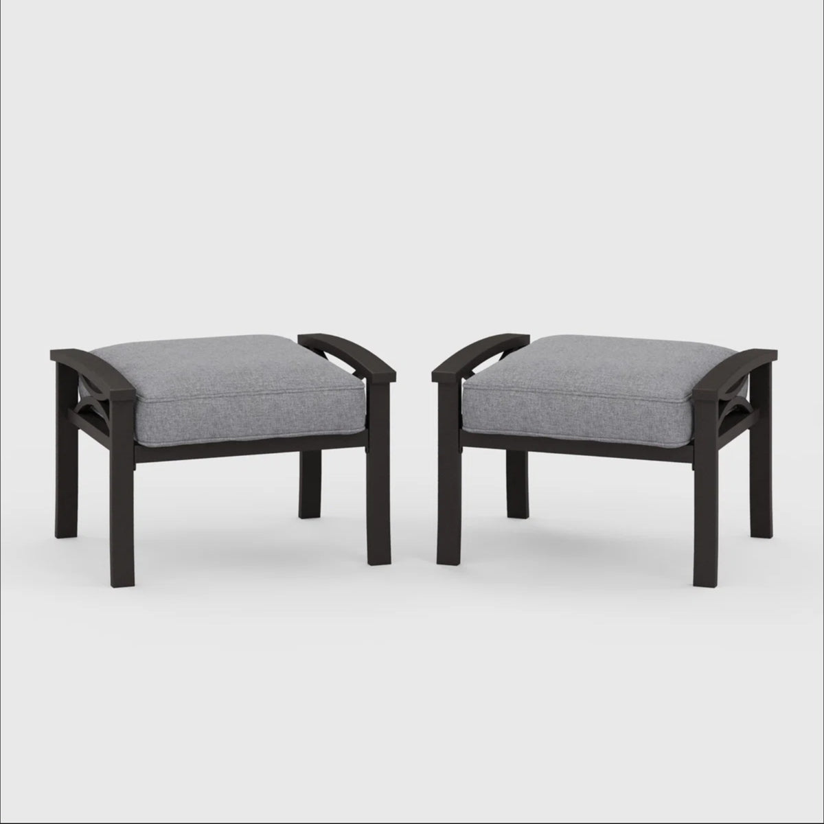 Dark Brown Metal Outdoor Ottoman with Gray Cushions, Set of 2