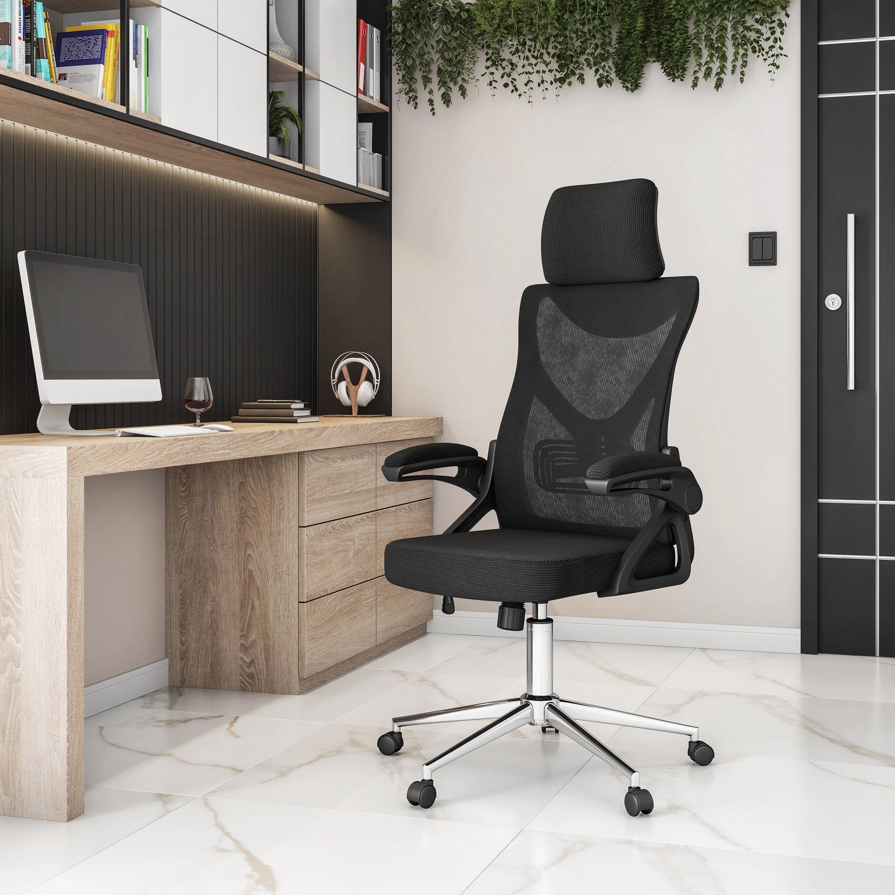 Black Mesh Office Chair with Chrome Base, Lumbar Support, 250 lb, 48 in Tall