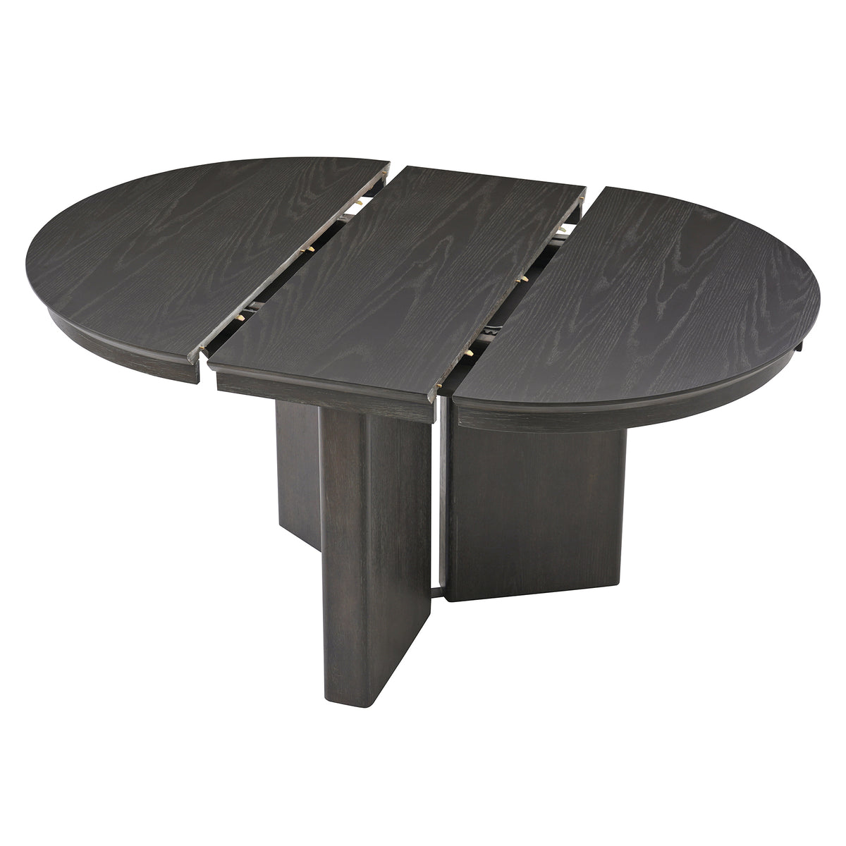Studio view of the espresso table split apart showing center leaf and crossed base