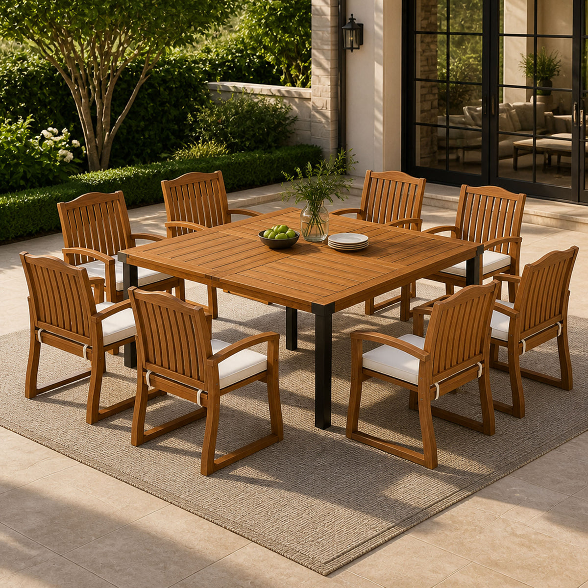 Teak Finish Solid Wood 9-Piece Patio Dining Set for 8 with Cream Cushions